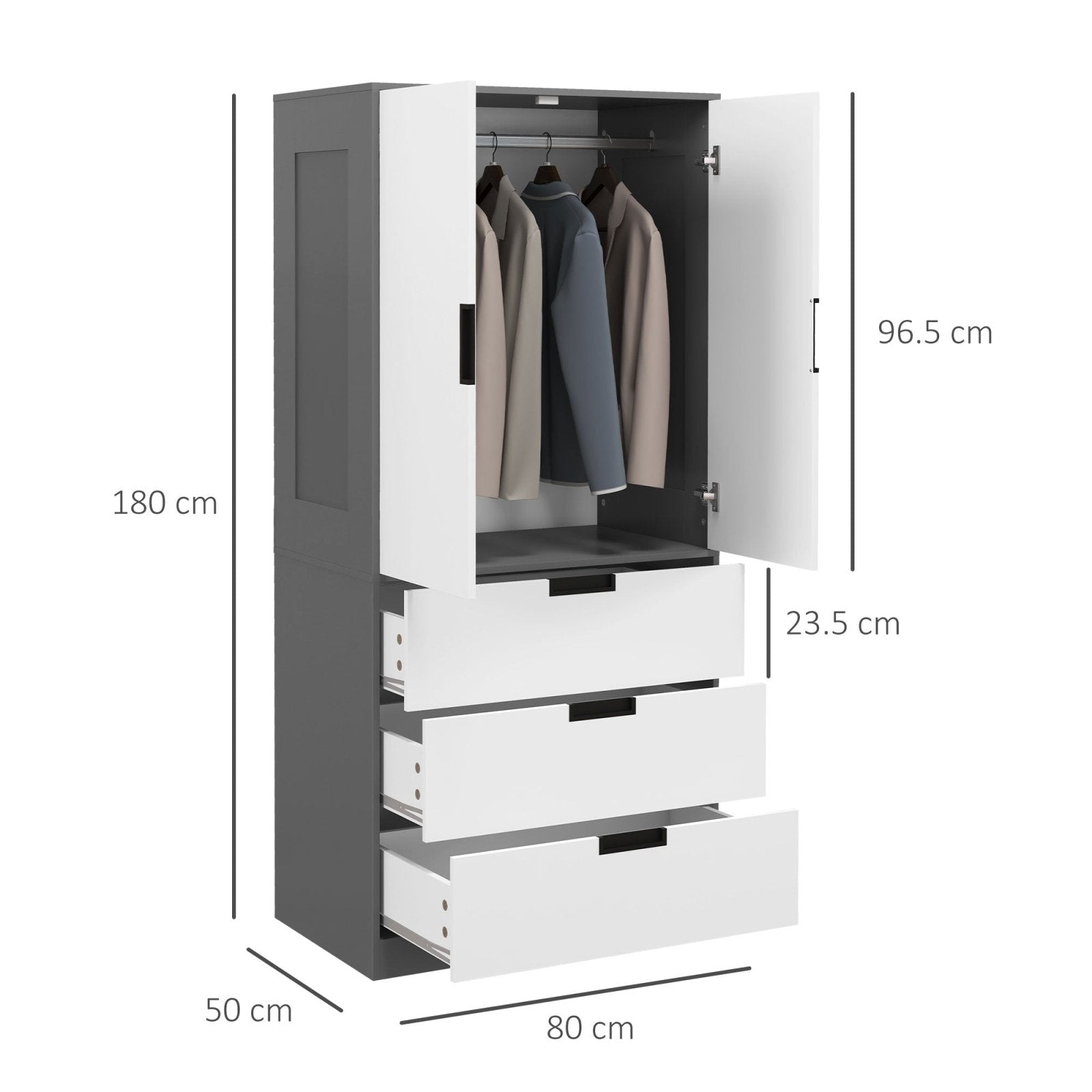 2 Door Wardrobe, Modern Wardrobe with 3 Drawers and Hanging Rod for Bedroom, Grey - Bedzy UK modern and affordable home furniture England