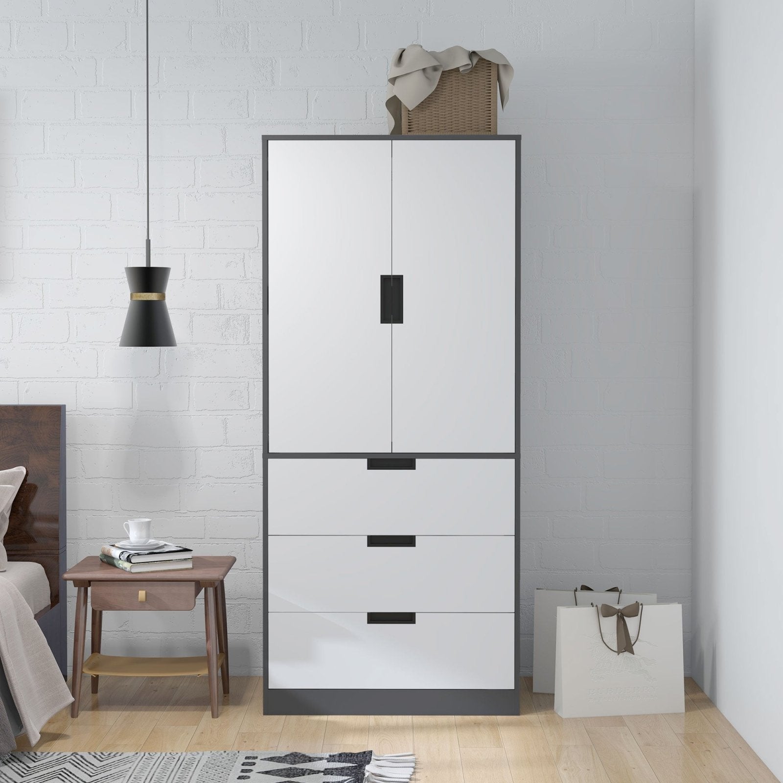 2 Door Wardrobe, Modern Wardrobe with 3 Drawers and Hanging Rod for Bedroom, Grey - Bedzy UK modern and affordable home furniture England