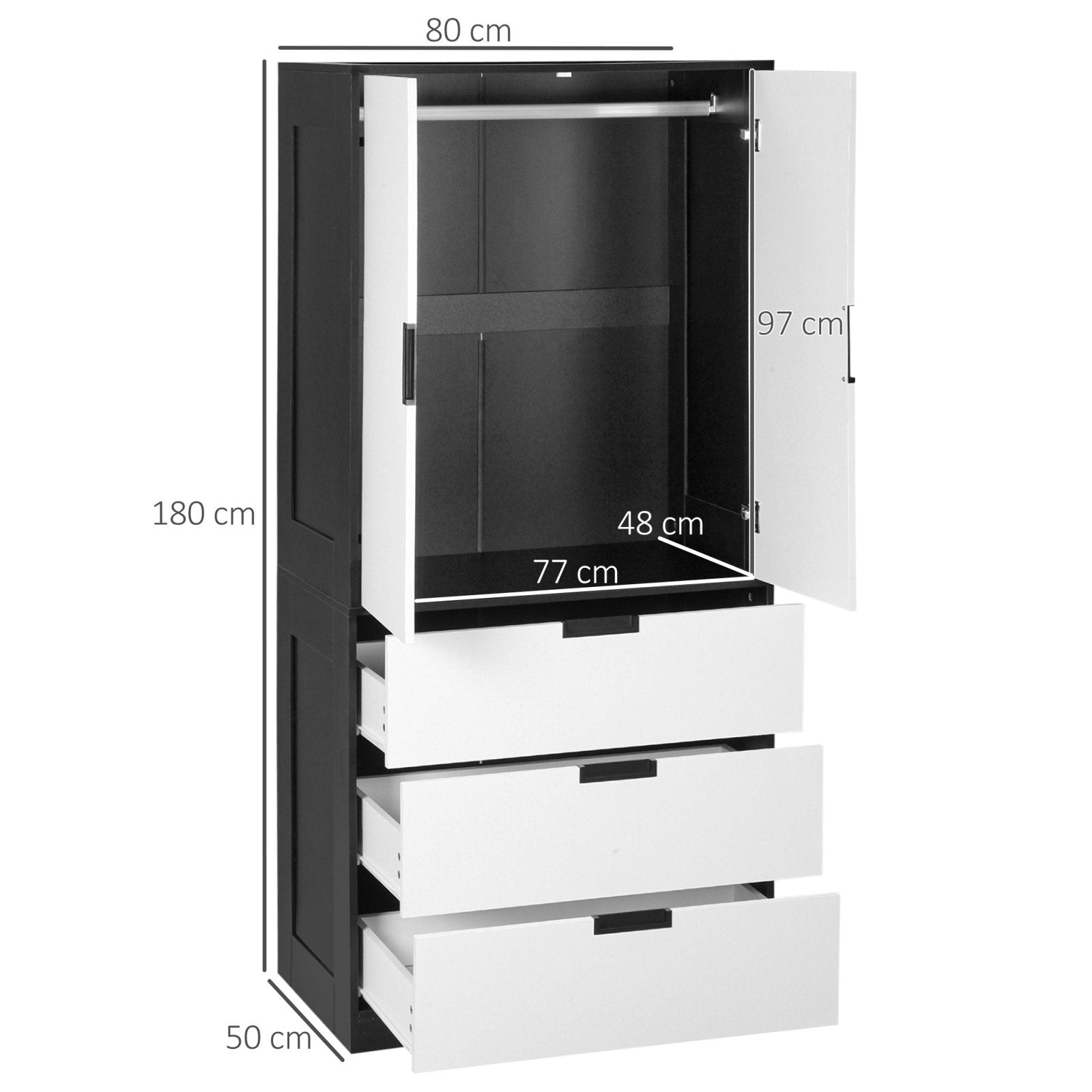 2 Door Wardrobe, Modern Wardrobe with 3 Drawers and Hanging Rod for Bedroom, White - Bedzy UK modern and affordable home furniture England