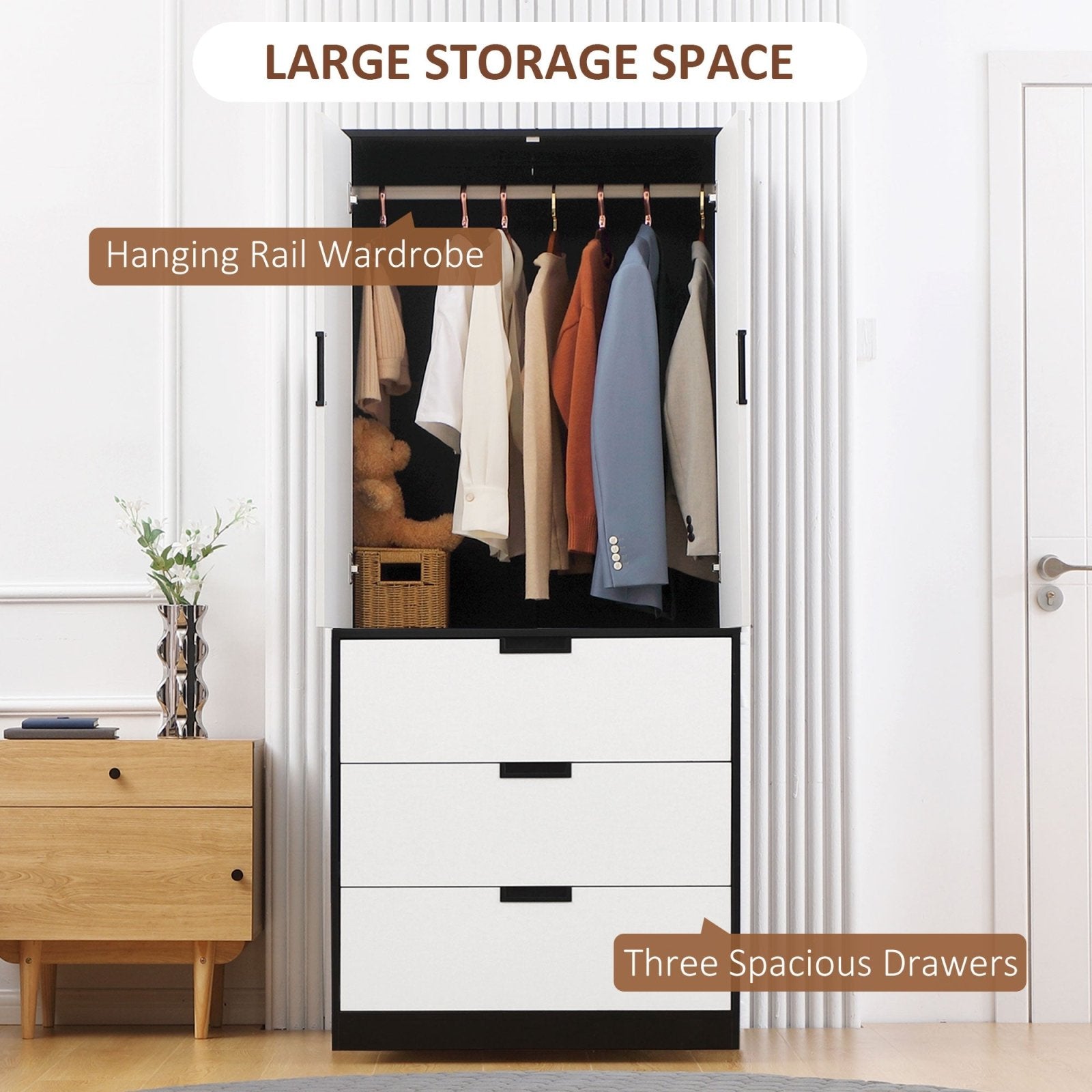 2 Door Wardrobe, Modern Wardrobe with 3 Drawers and Hanging Rod for Bedroom, White - Bedzy UK modern and affordable home furniture England