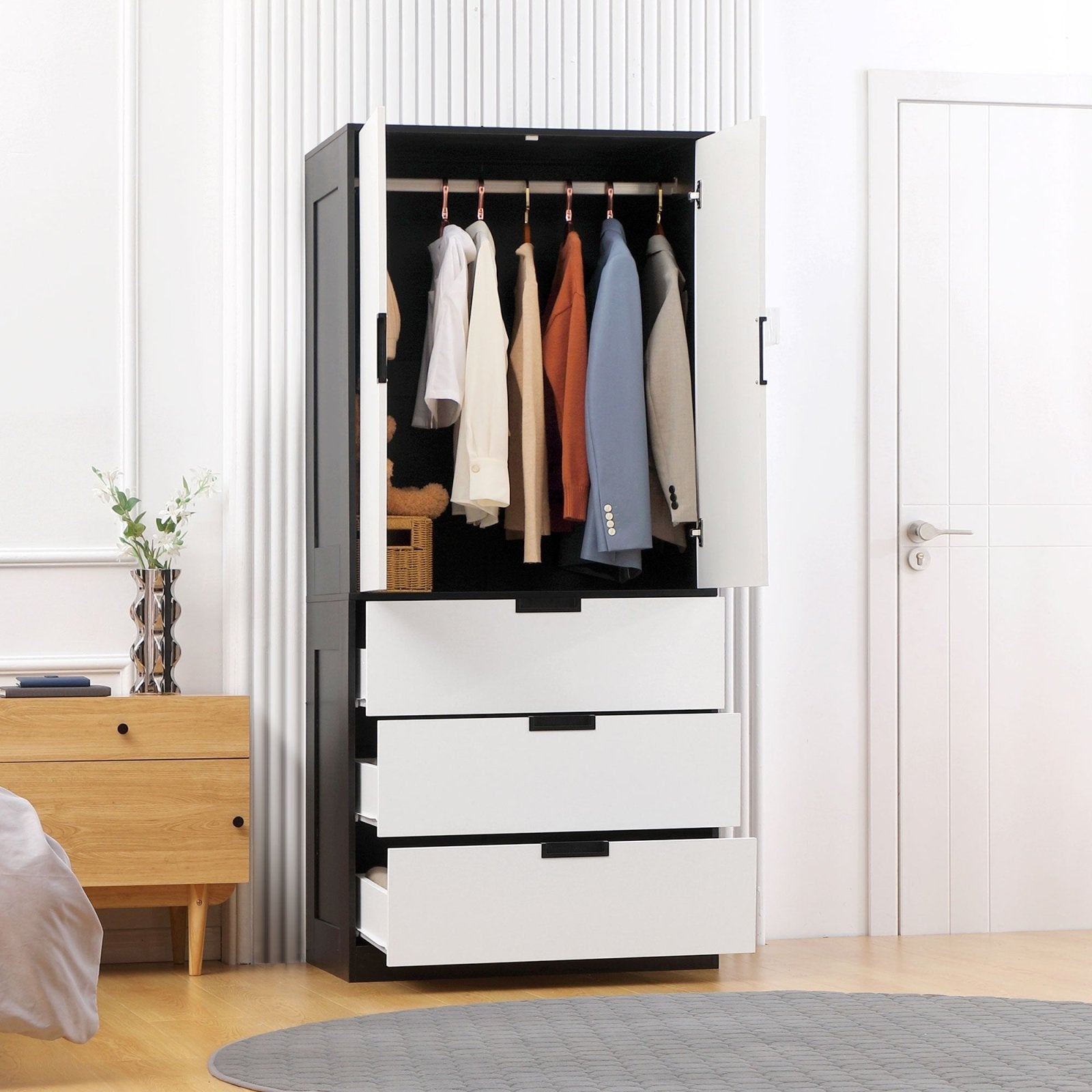 2 Door Wardrobe, Modern Wardrobe with 3 Drawers and Hanging Rod for Bedroom, White - Bedzy UK modern and affordable home furniture England