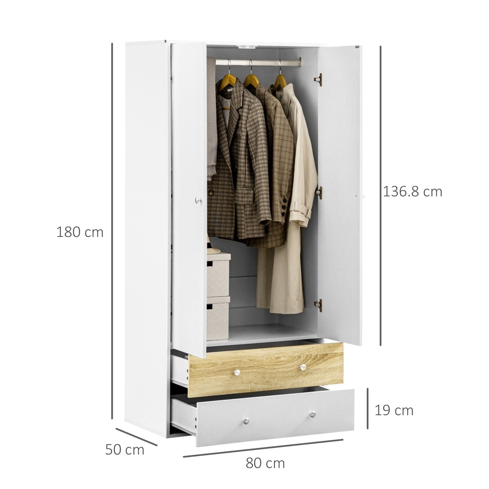 2 Door Wardrobe White Wardrobe with Drawers and Hanging Rod for Bedroom Clothes Organisation and Storage - Bedzy UK modern and affordable home furniture England