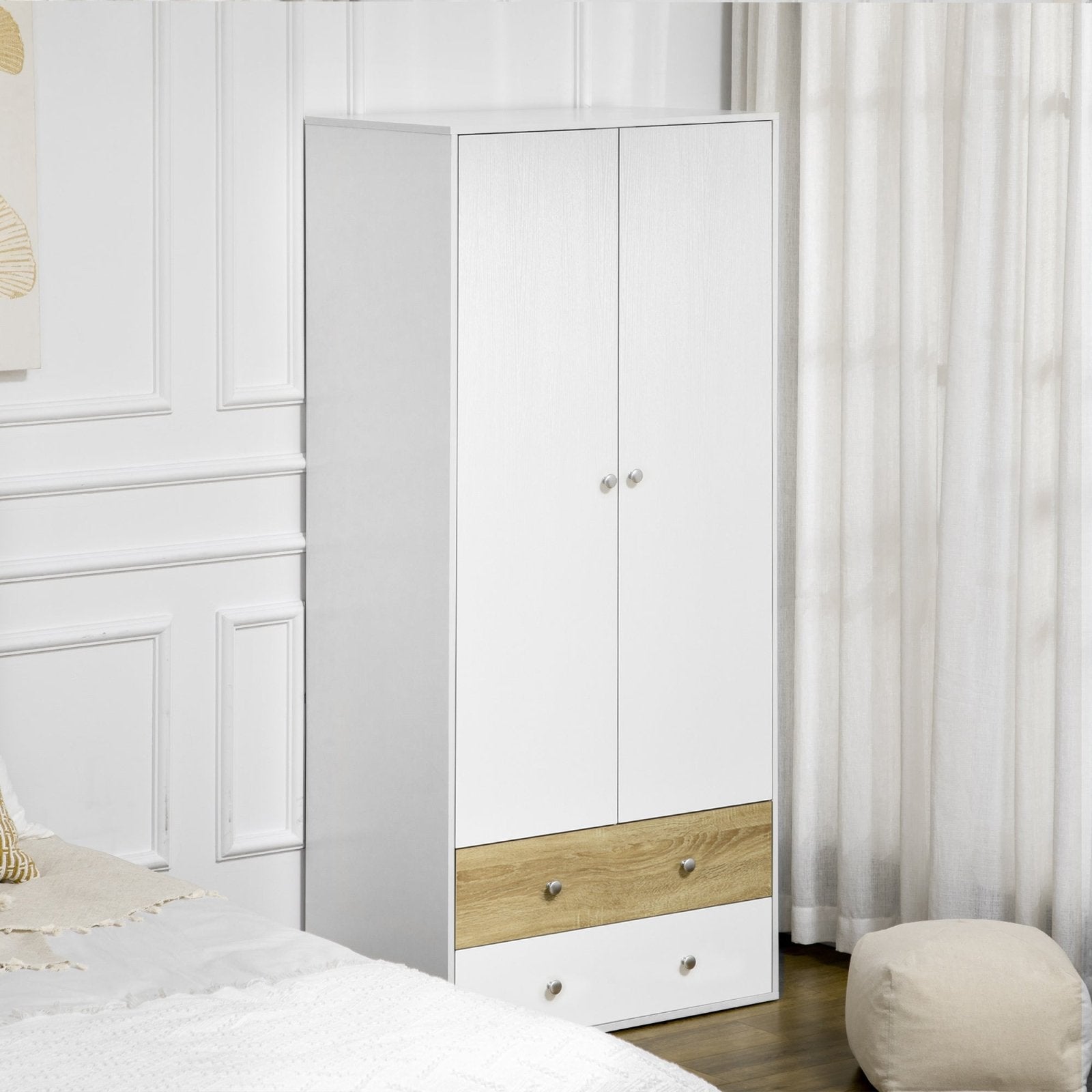 2 Door Wardrobe White Wardrobe with Drawers and Hanging Rod for Bedroom Clothes Organisation and Storage - Bedzy UK modern and affordable home furniture England