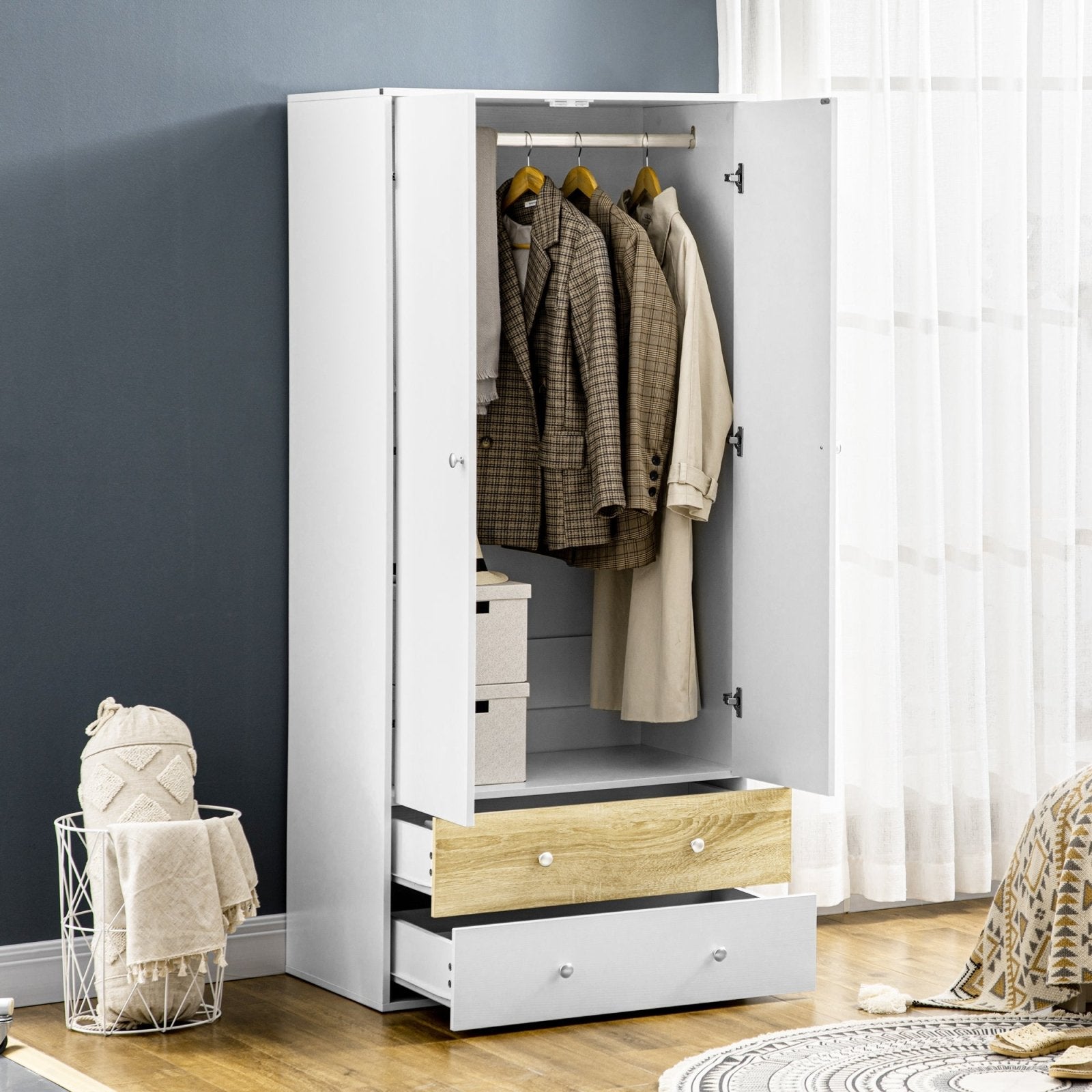 2 Door Wardrobe White Wardrobe with Drawers and Hanging Rod for Bedroom Clothes Organisation and Storage - Bedzy UK modern and affordable home furniture England