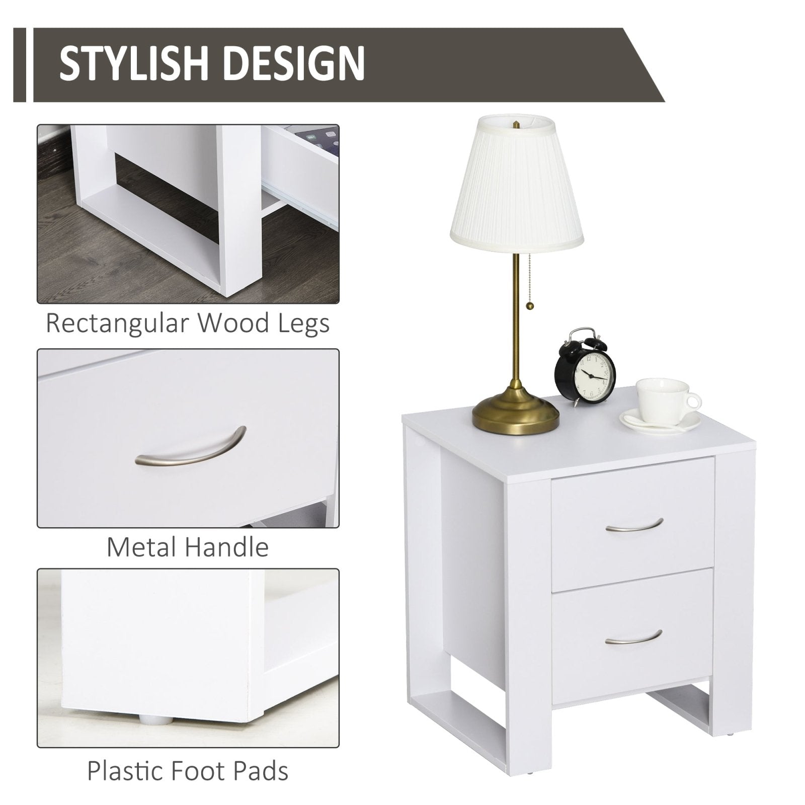 2 Drawer Modern Boxy Bedside Table w/ Handles Elevated Base Melamine Coating Bedroom Storage Furniture Night Stand Organisation White - Bedzy UK modern and affordable home furniture England