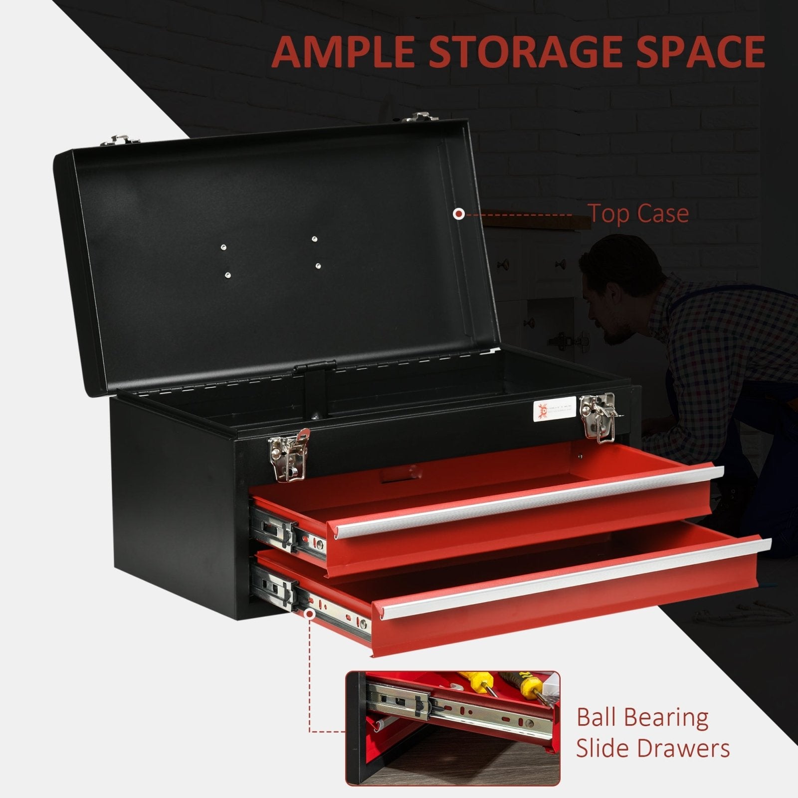 2 Drawer Tool Chest, Lockable Metal Tool Box with Ball Bearing Runners, Portable Toolbox, 460mm x 240mm x 220mm - Bedzy UK modern and affordable home furniture England