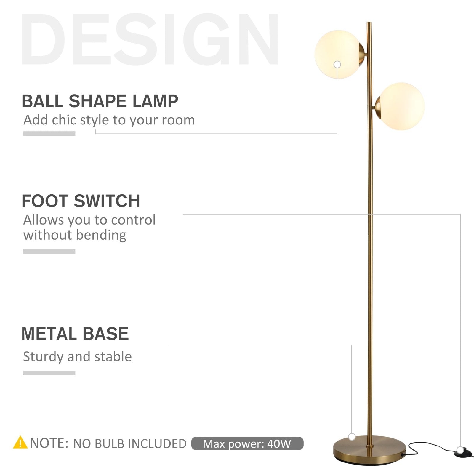 2 Glass Shade Floor Lamp Metal Pole Cool Modern Decorative w/ Floor Switch Home Office Furnishing Gold - Bedzy UK modern and affordable home furniture England