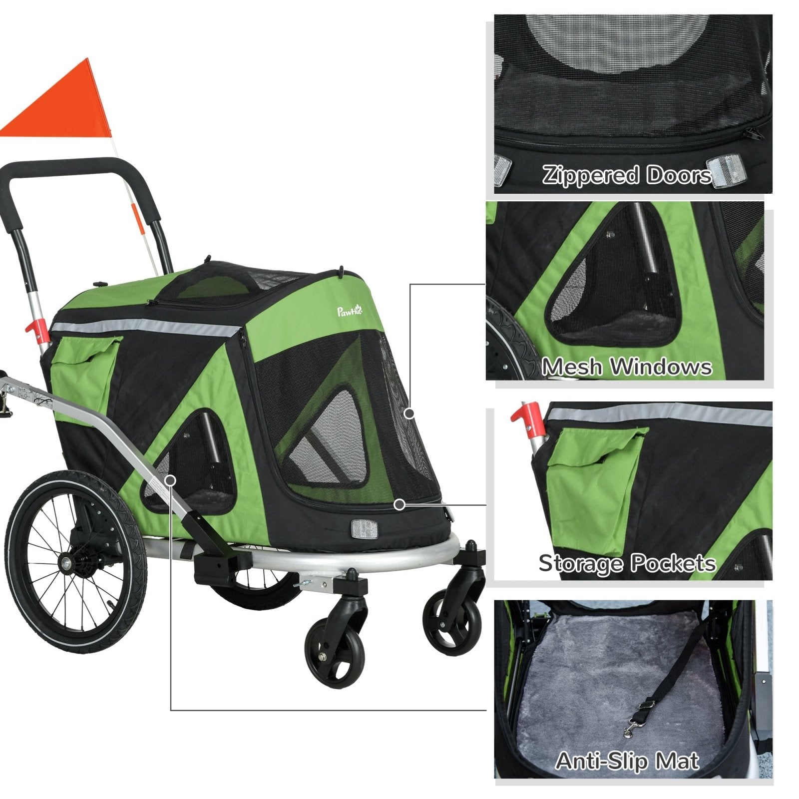 2 in 1 Aluminium Foldable Dog Bike Trailer, Pet Stroller, for Medium Dogs - Green - Bedzy UK modern and affordable home furniture England