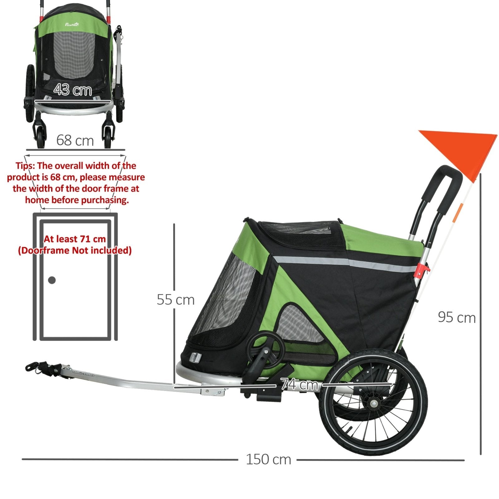 2 in 1 Aluminium Foldable Dog Bike Trailer, Pet Stroller, for Medium Dogs - Green - Bedzy UK modern and affordable home furniture England