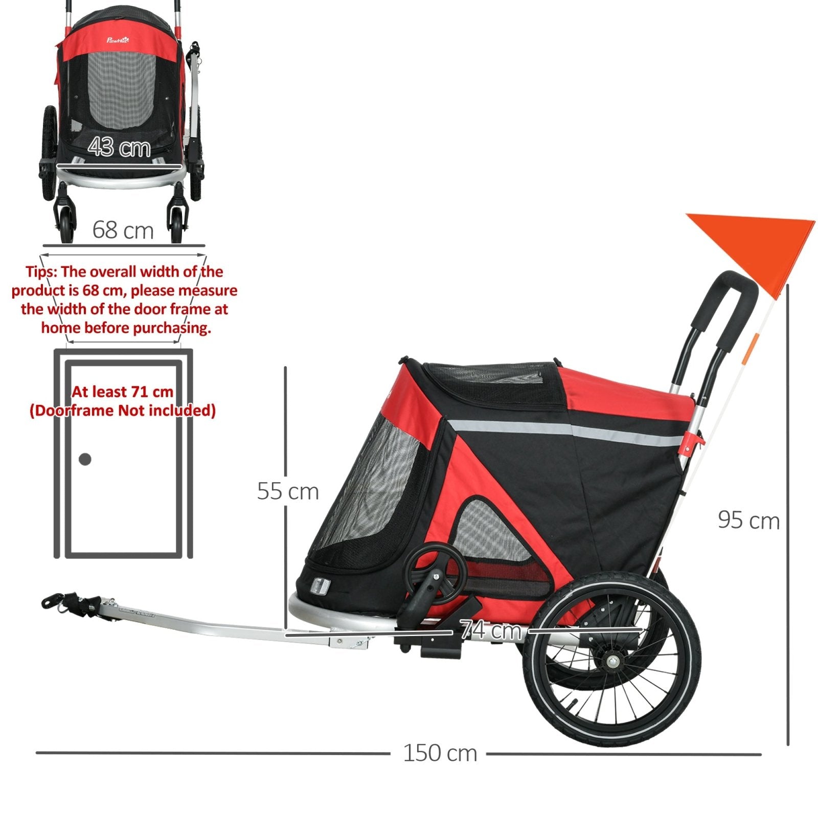 2 in 1 Aluminium Foldable Dog Bike Trailer, Pet Stroller, for Medium Dogs - Red - Bedzy UK modern and affordable home furniture England