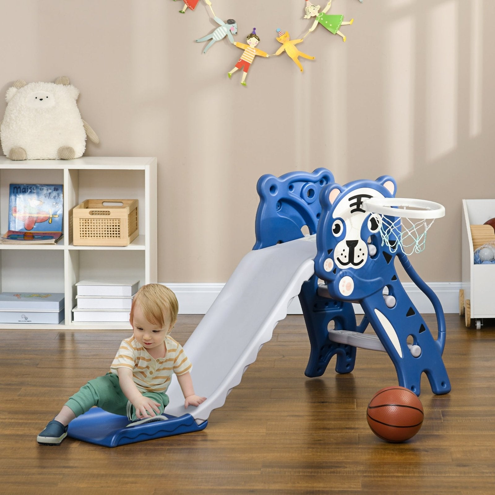 2 in 1 Baby Slide for Indoor Use with Basketball Hoop, Basketball, for Ages 18 - 36 Months - Blue - Bedzy UK modern and affordable home furniture England