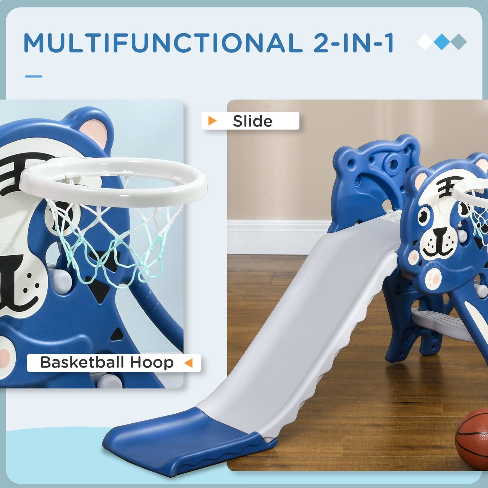 2 in 1 Baby Slide for Indoor Use with Basketball Hoop, Basketball, for Ages 18 - 36 Months - Blue - Bedzy UK modern and affordable home furniture England