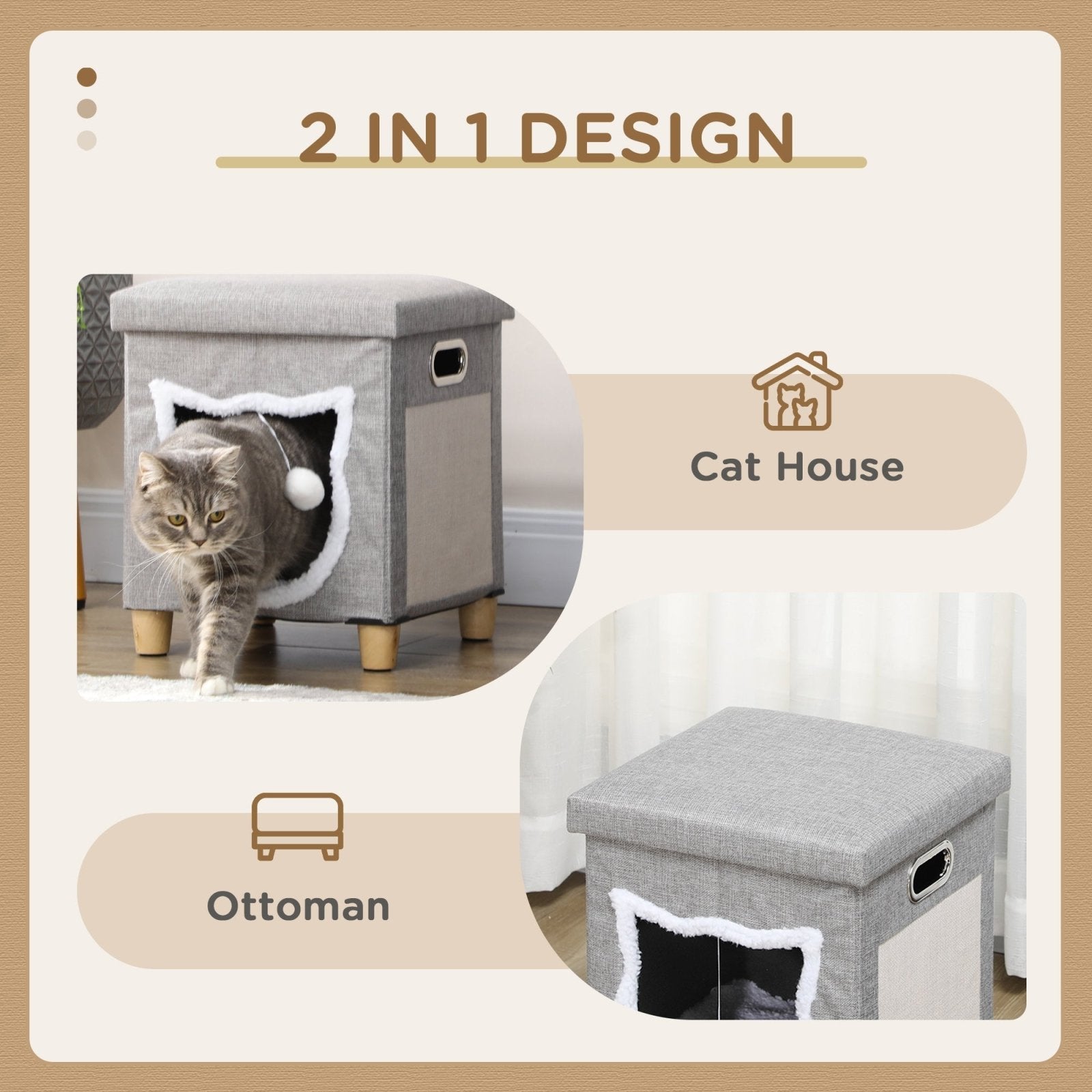 2 in 1 Cat Bed Ottoman, Comfortable Cat Sleeping Cave House w/ Removable Cushion, Scratching Pad, Handles, Anti - Slip Foot Pad, Toy Ball Grey - Bedzy UK modern and affordable home furniture England