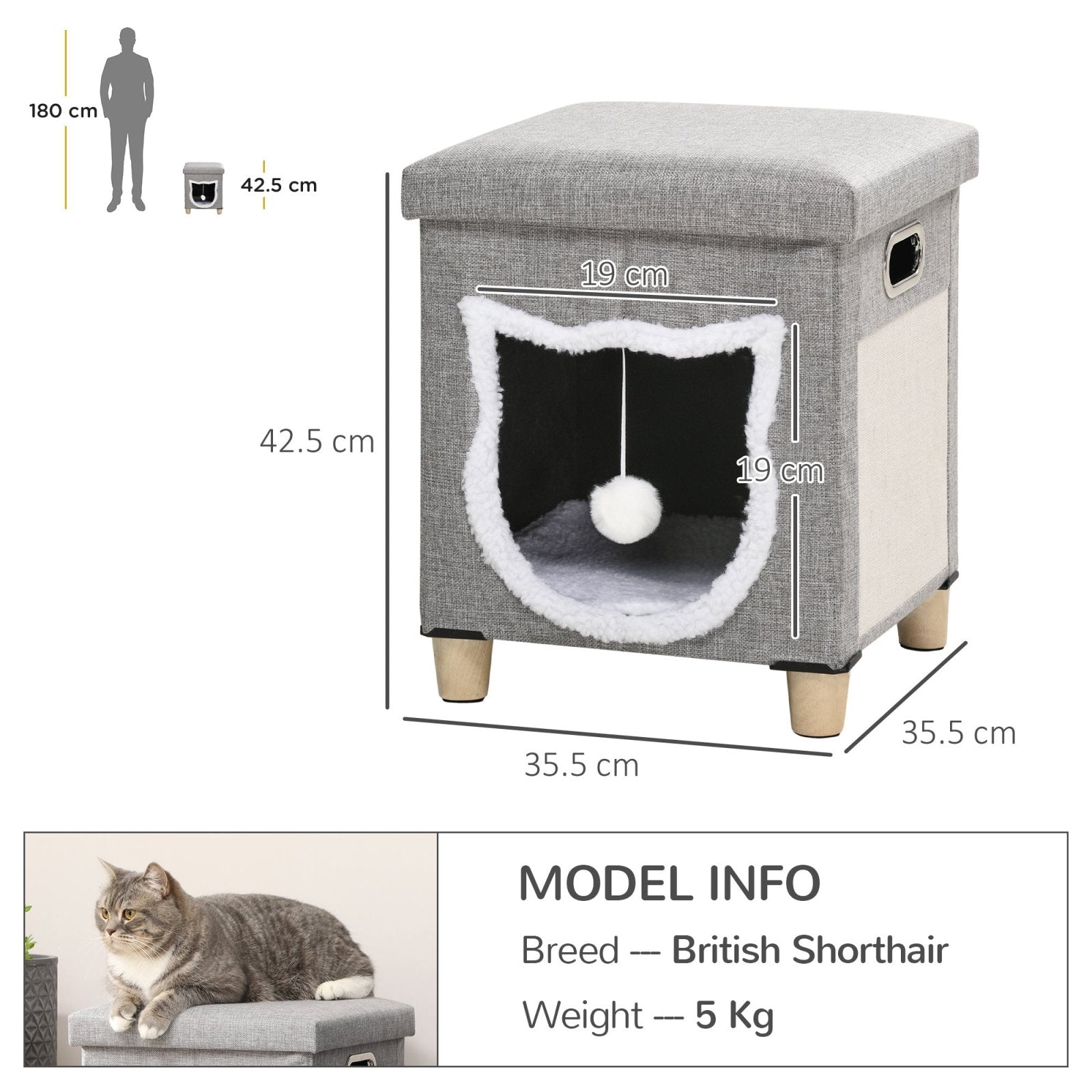 2 in 1 Cat Bed Ottoman, Comfortable Cat Sleeping Cave House w/ Removable Cushion, Scratching Pad, Handles, Anti - Slip Foot Pad, Toy Ball Grey - Bedzy UK modern and affordable home furniture England