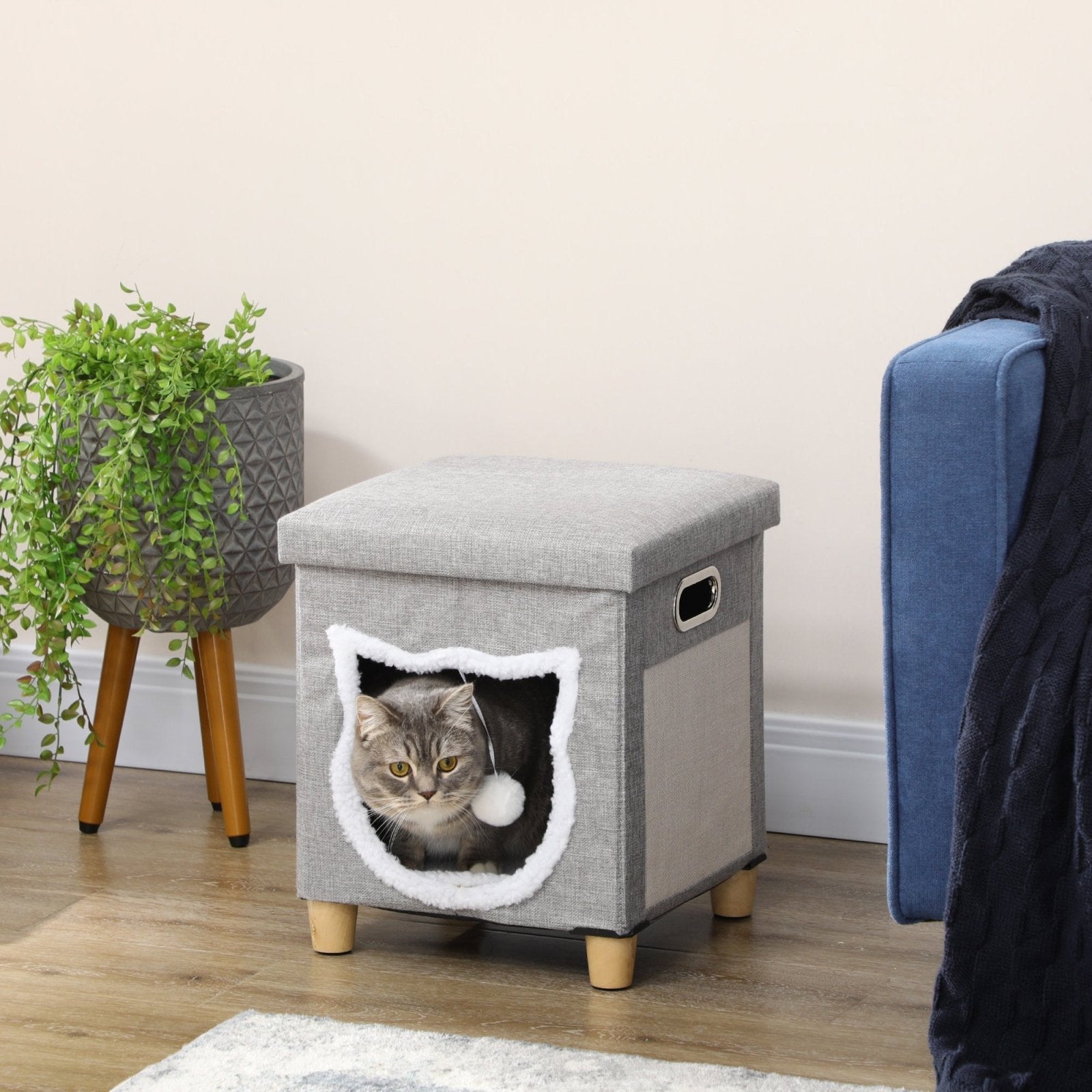 2 in 1 Cat Bed Ottoman, Comfortable Cat Sleeping Cave House w/ Removable Cushion, Scratching Pad, Handles, Anti - Slip Foot Pad, Toy Ball Grey - Bedzy UK modern and affordable home furniture England