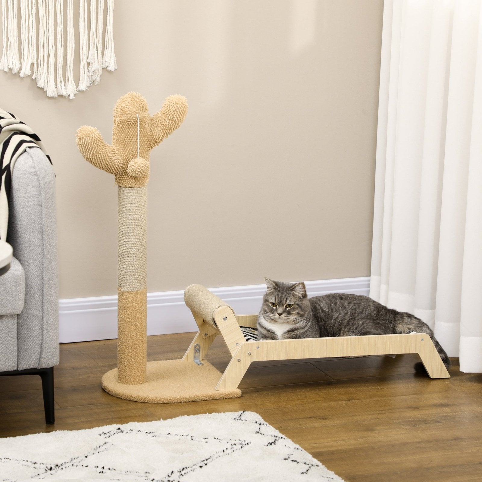 2 in 1 Cat Scratching Post with Bed, Cat Condo Tree Tower with Cactus Post, Hammock Bed for Indoor Cats and Kittens - Brown - Bedzy UK modern and affordable home furniture England