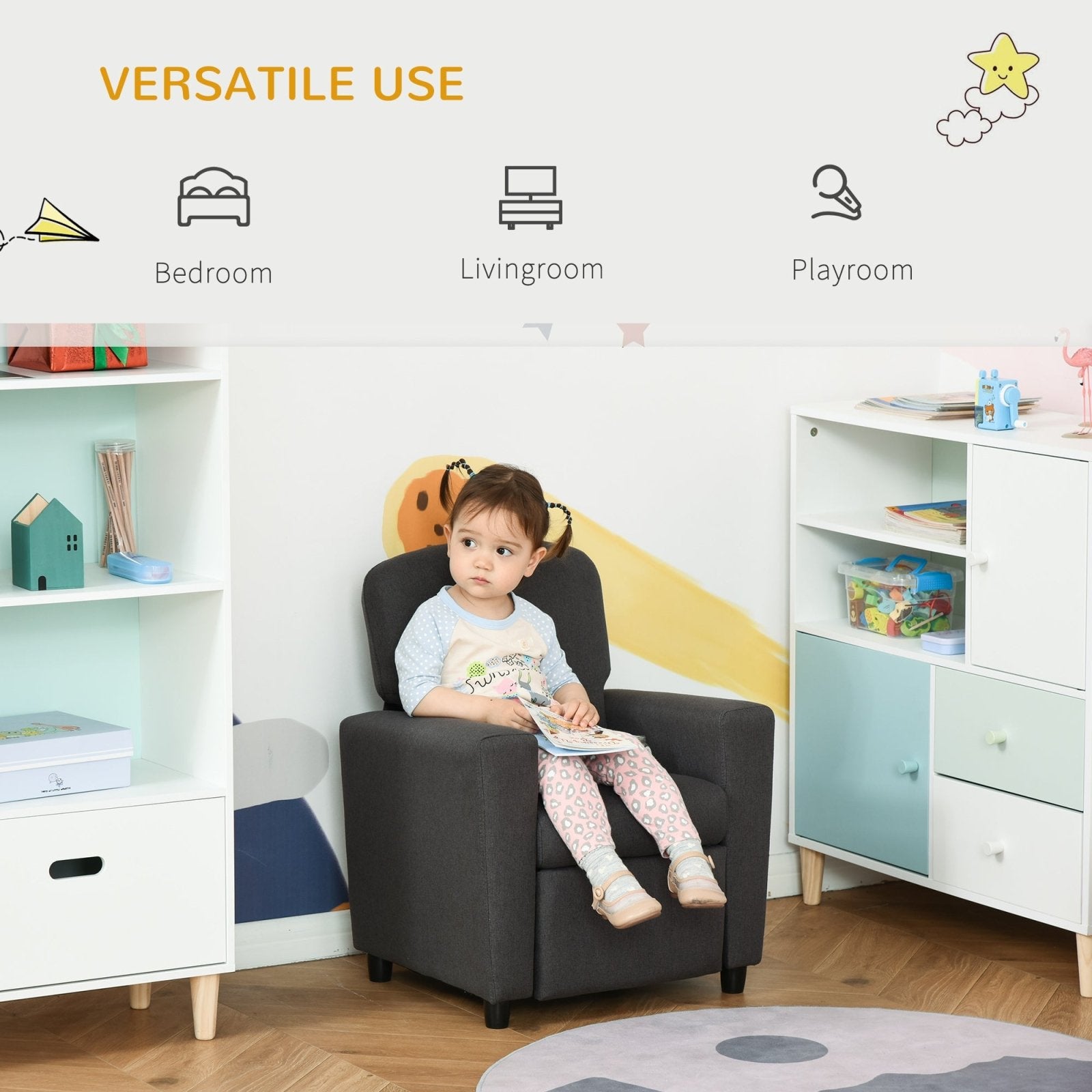 2 in 1 design Kids Sofa Armchair with Footrest for Children Playroom Bedroom Living Room, 55 x 50 x 67cm, Grey - Bedzy UK modern and affordable home furniture England