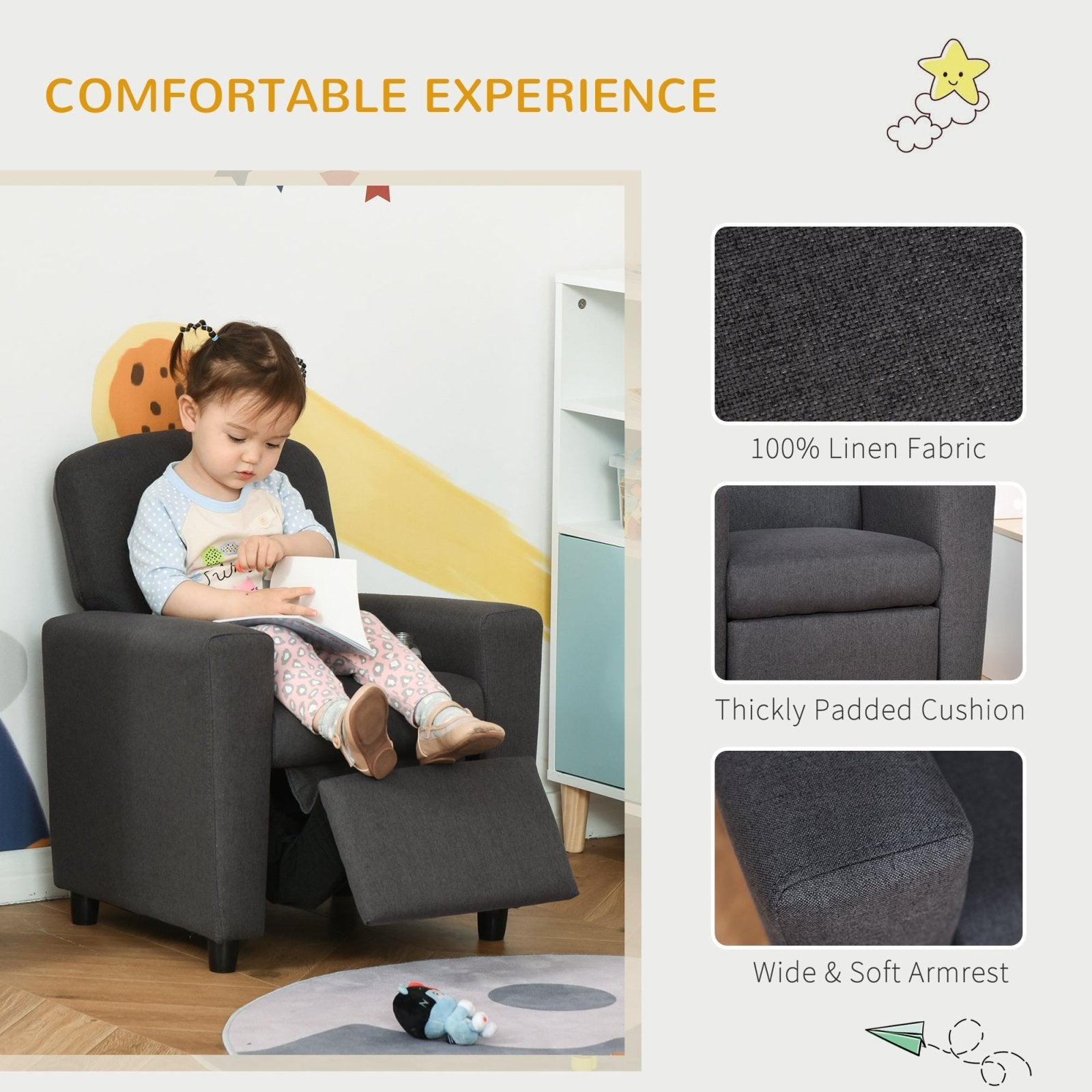 2 in 1 design Kids Sofa Armchair with Footrest for Children Playroom Bedroom Living Room, 55 x 50 x 67cm, Grey - Bedzy UK modern and affordable home furniture England