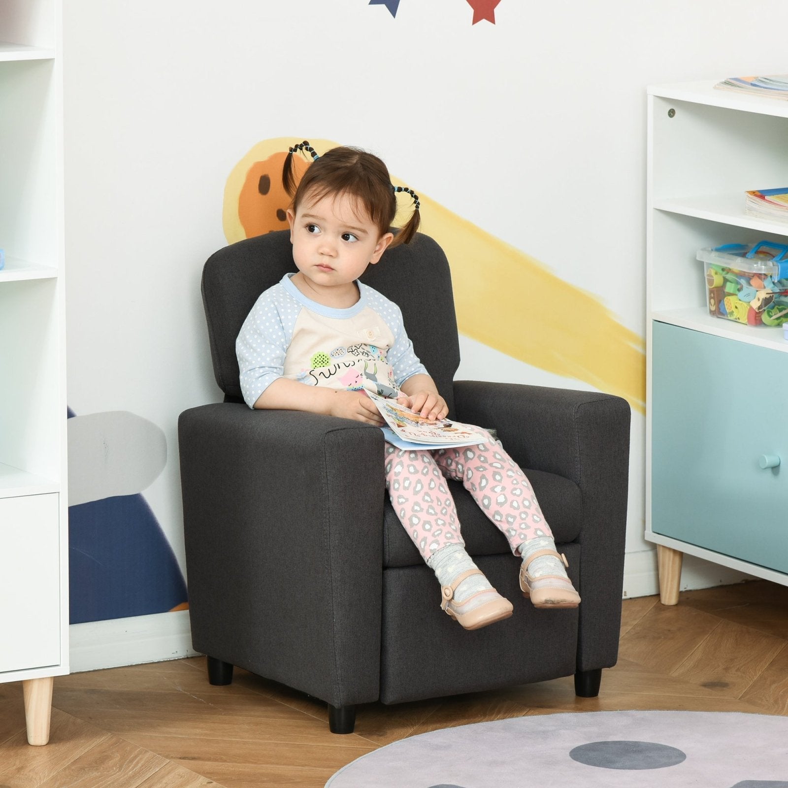 2 in 1 design Kids Sofa Armchair with Footrest for Children Playroom Bedroom Living Room, 55 x 50 x 67cm, Grey - Bedzy UK modern and affordable home furniture England