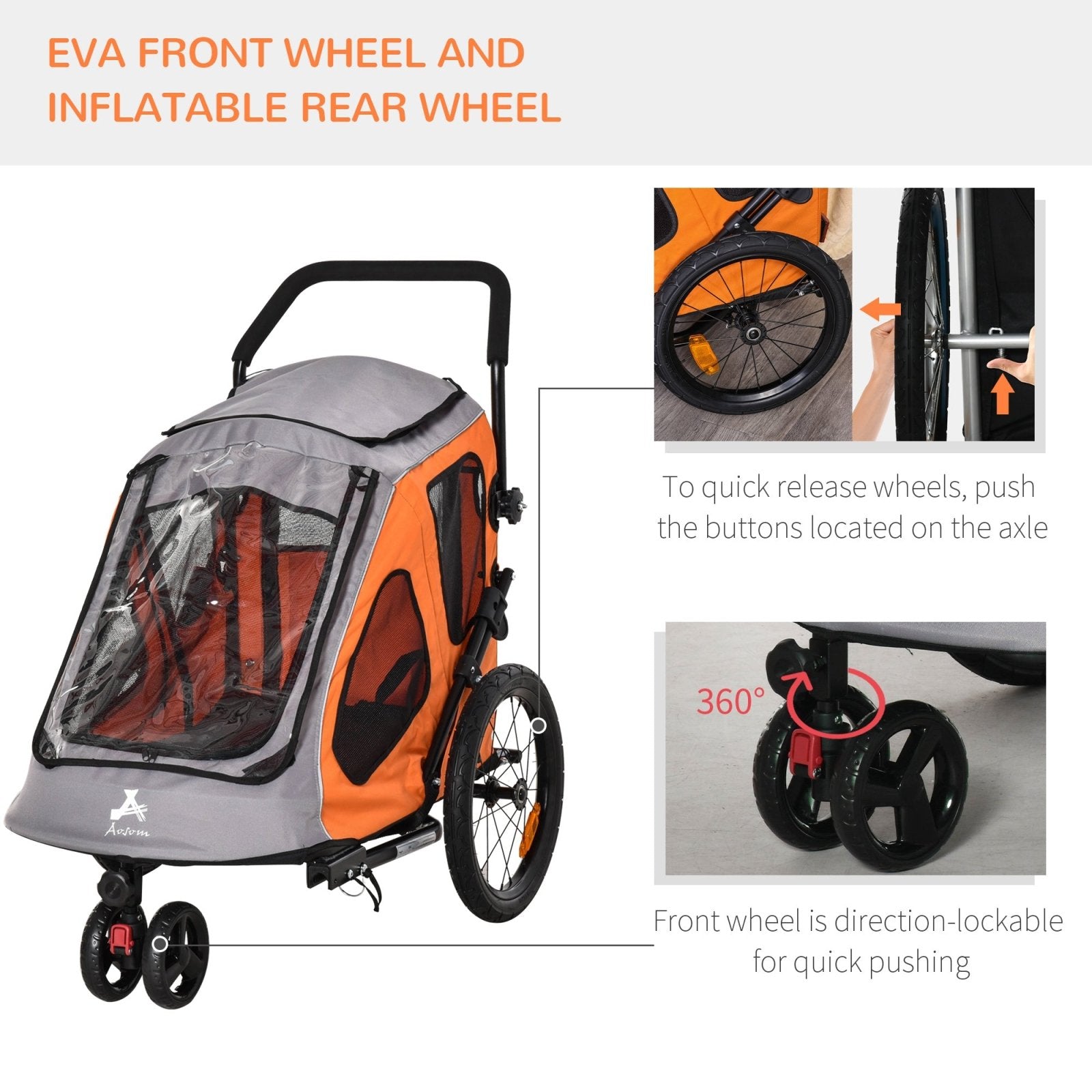 2 IN 1 Dog Bicycle Trailer Pet Carrier Stroller 360° Rotatable Front Wheel Reflectors Parking Brake Straps Cup Holder Water Resistant Orange - Bedzy UK modern and affordable home furniture England