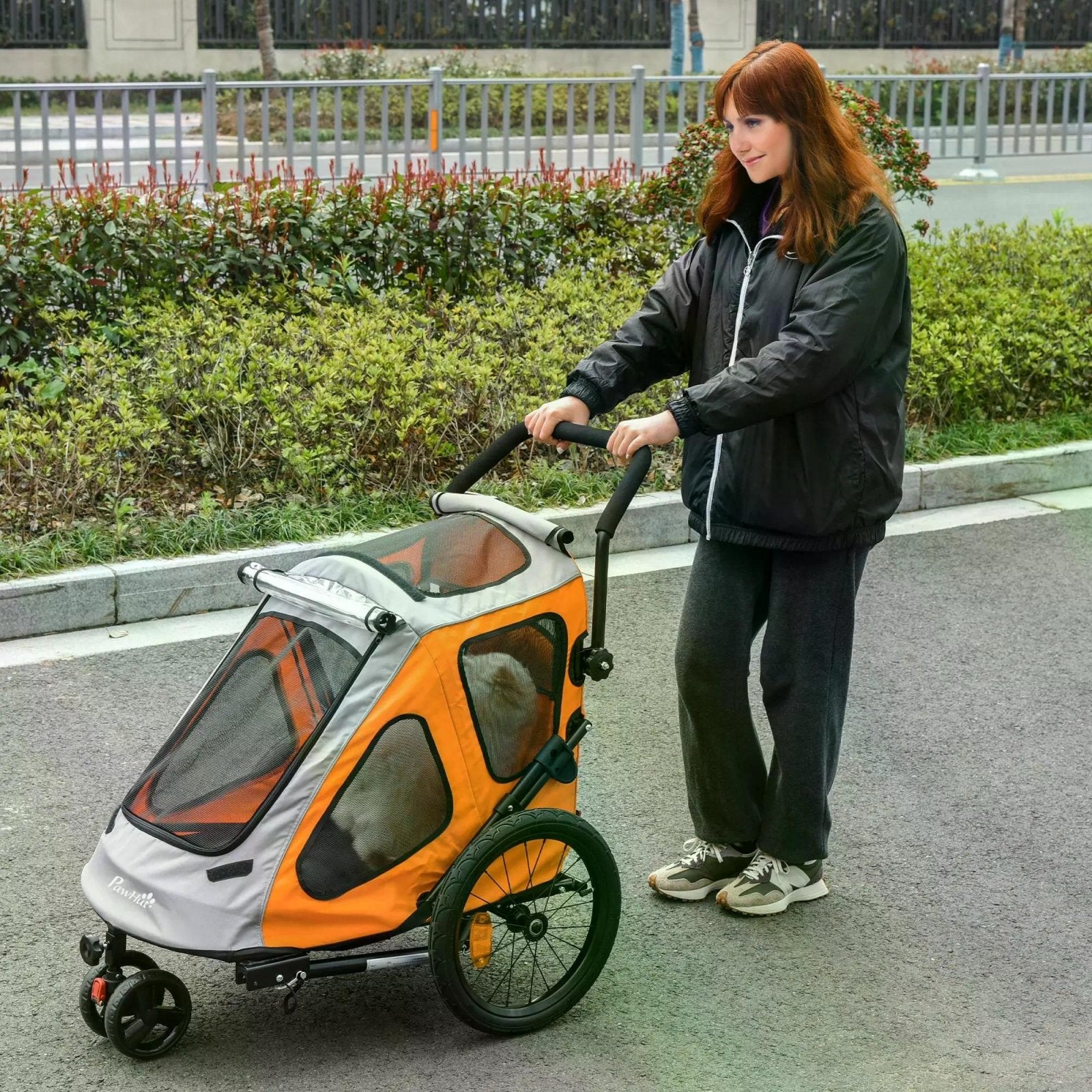 2 IN 1 Dog Bicycle Trailer Pet Carrier Stroller 360° Rotatable Front Wheel Reflectors Parking Brake Straps Cup Holder Water Resistant Orange - Bedzy UK modern and affordable home furniture England