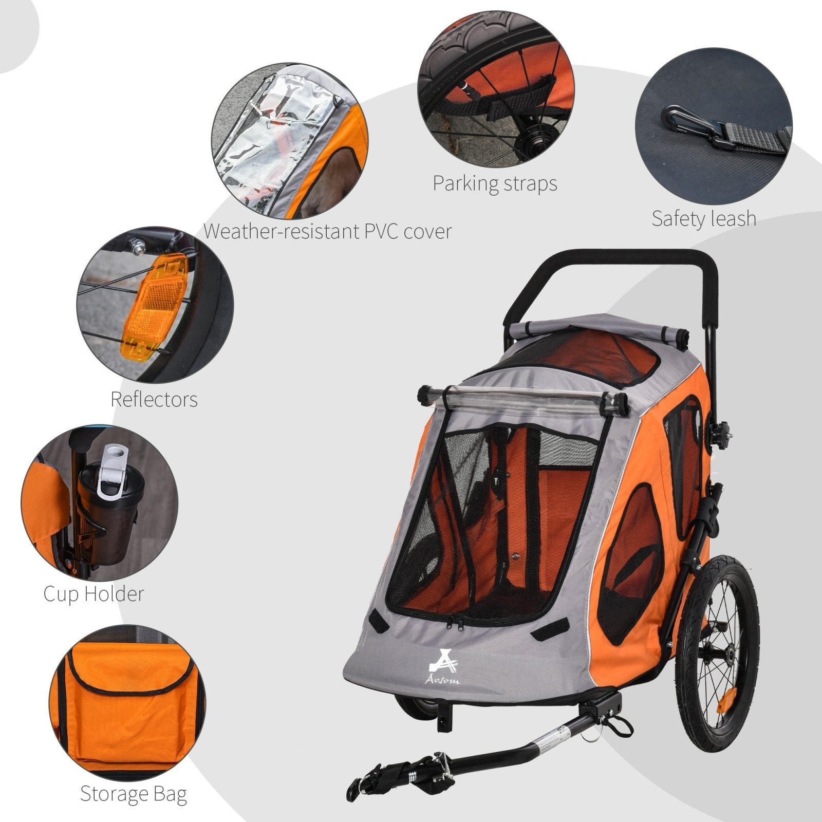 2 IN 1 Dog Bicycle Trailer Pet Carrier Stroller 360° Rotatable Front Wheel Reflectors Parking Brake Straps Cup Holder Water Resistant Orange - Bedzy UK modern and affordable home furniture England