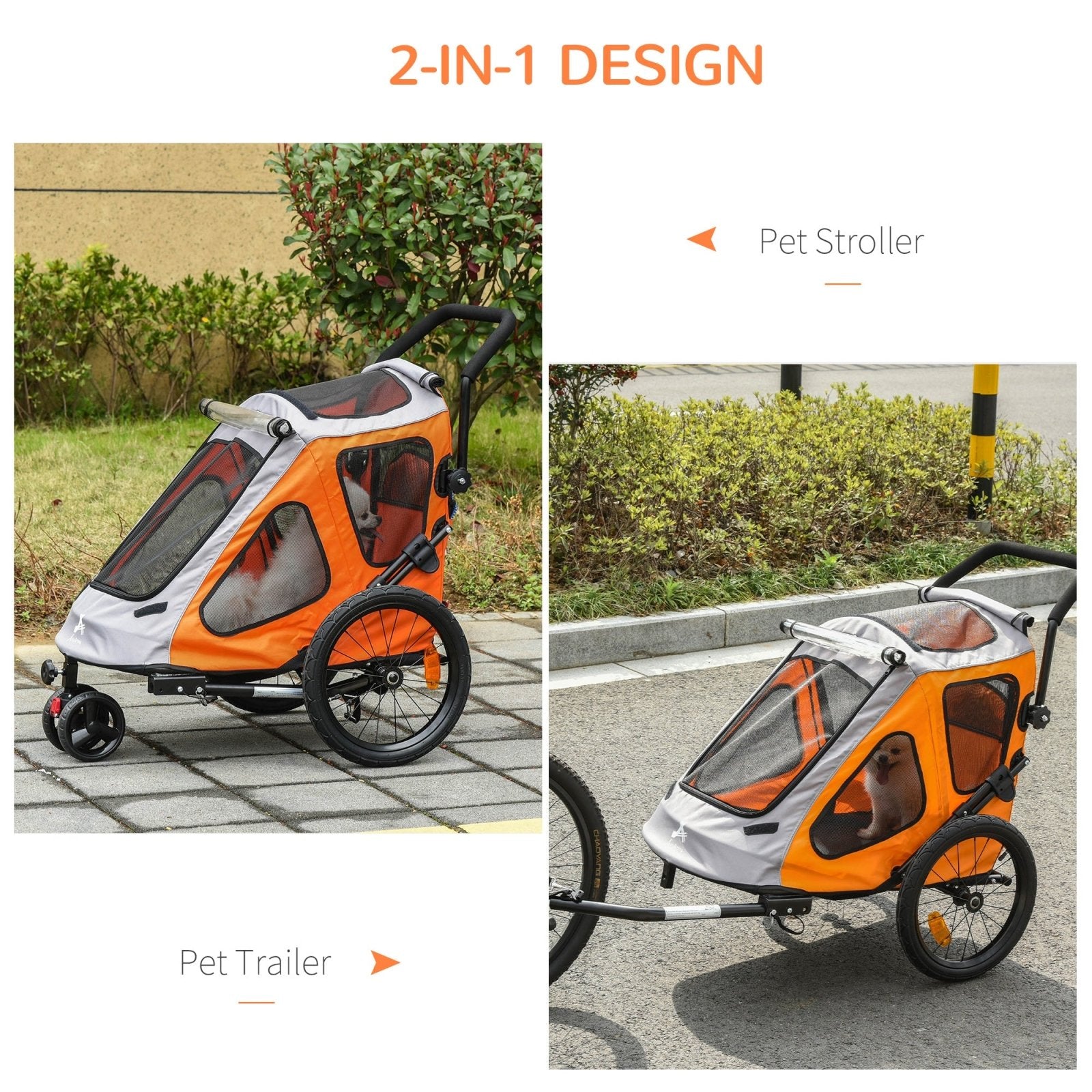 2 IN 1 Dog Bicycle Trailer Pet Carrier Stroller 360° Rotatable Front Wheel Reflectors Parking Brake Straps Cup Holder Water Resistant Orange - Bedzy UK modern and affordable home furniture England