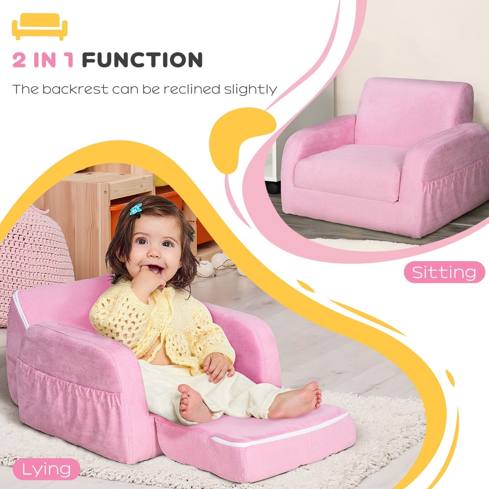 2 In 1 Kids Armchair Sofa Bed Fold Out Padded Wood Frame Bedroom, Pink - Bedzy UK modern and affordable home furniture England