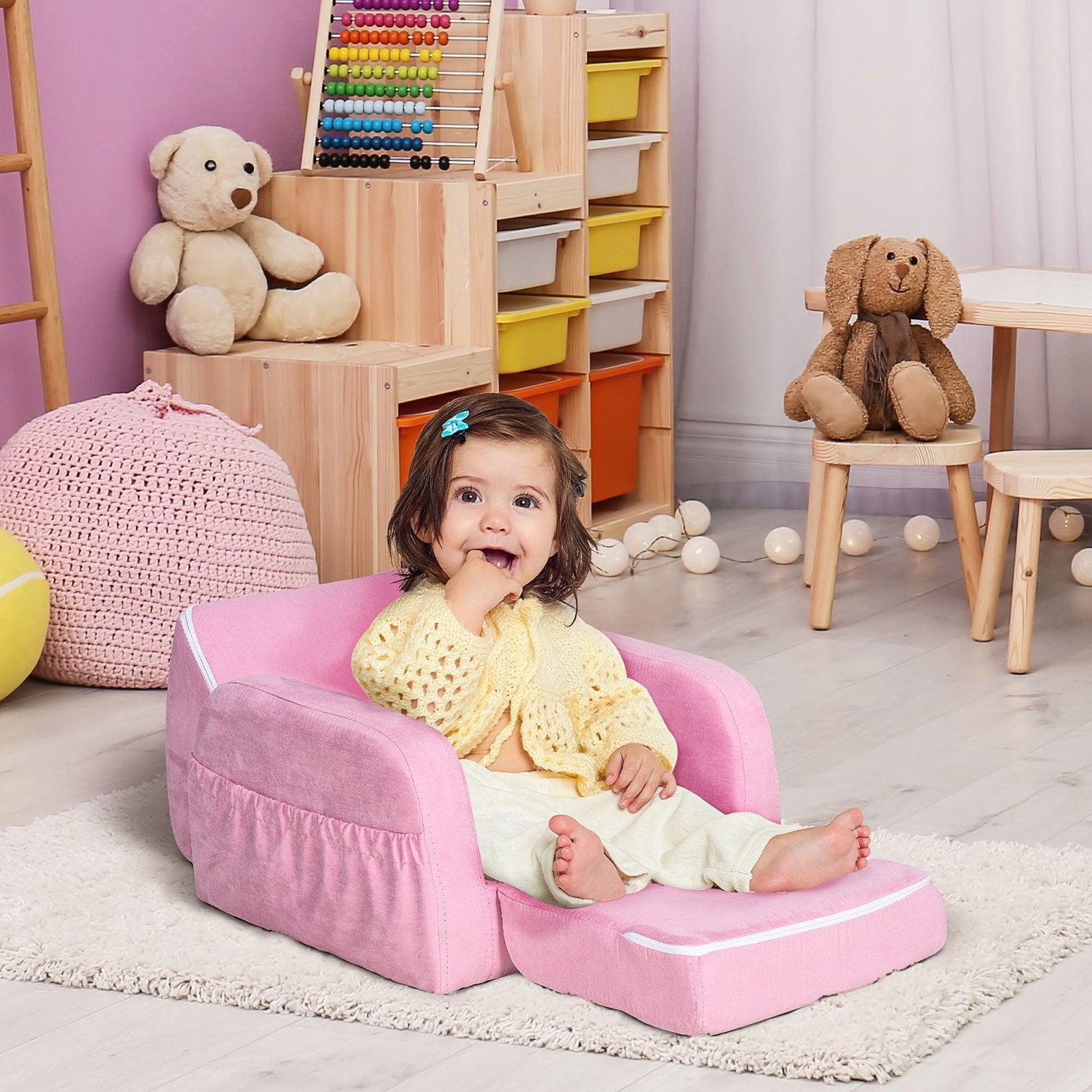 2 In 1 Kids Armchair Sofa Bed Fold Out Padded Wood Frame Bedroom, Pink - Bedzy UK modern and affordable home furniture England