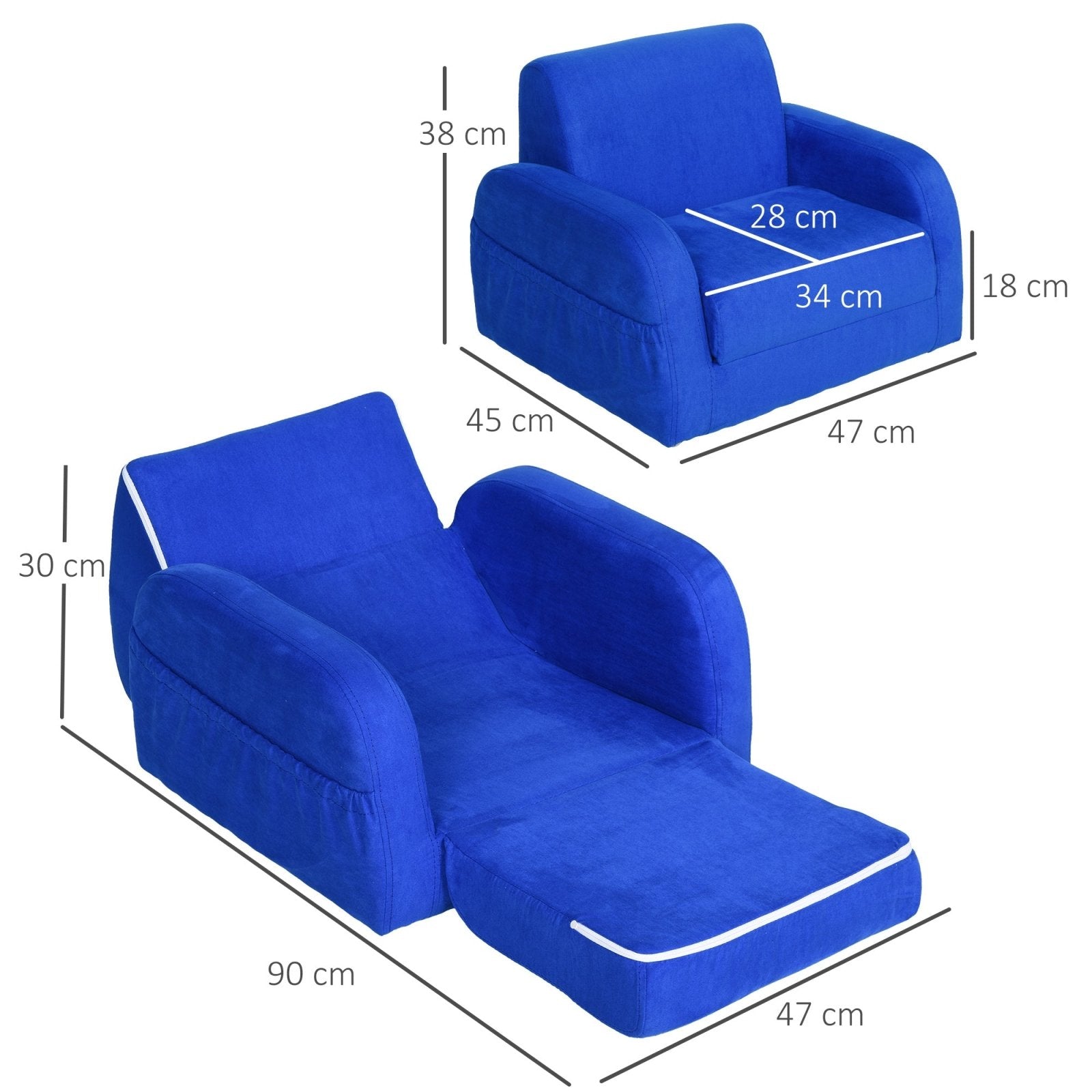 2 In 1 Kids Children Sofa Chair Bed Folding Couch Soft Flannel Foam Toddler Furniture for 3 - 4 years old Playroom Bedroom Living Room Blue - Bedzy UK modern and affordable home furniture England