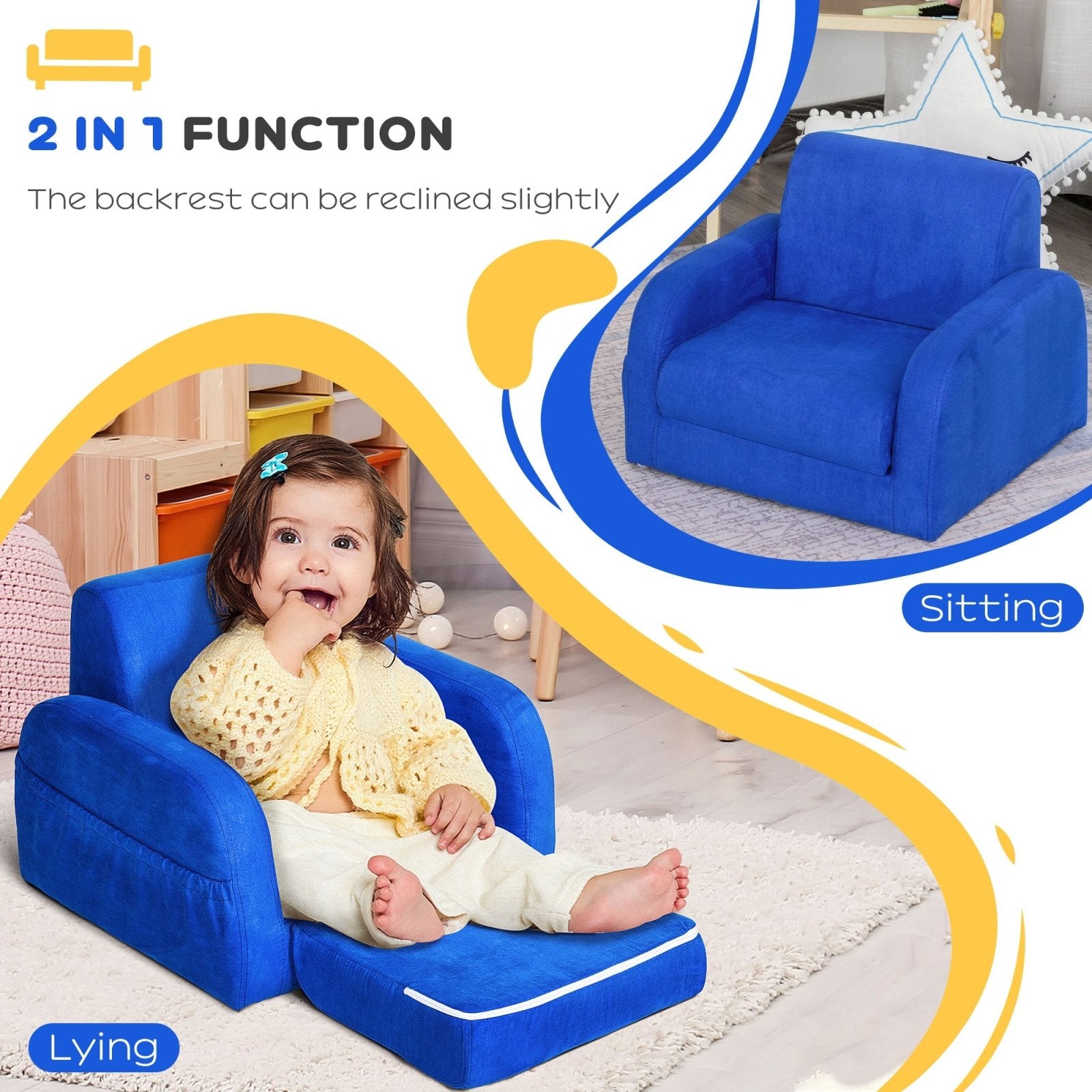 2 In 1 Kids Children Sofa Chair Bed Folding Couch Soft Flannel Foam Toddler Furniture for 3 - 4 years old Playroom Bedroom Living Room Blue - Bedzy UK modern and affordable home furniture England