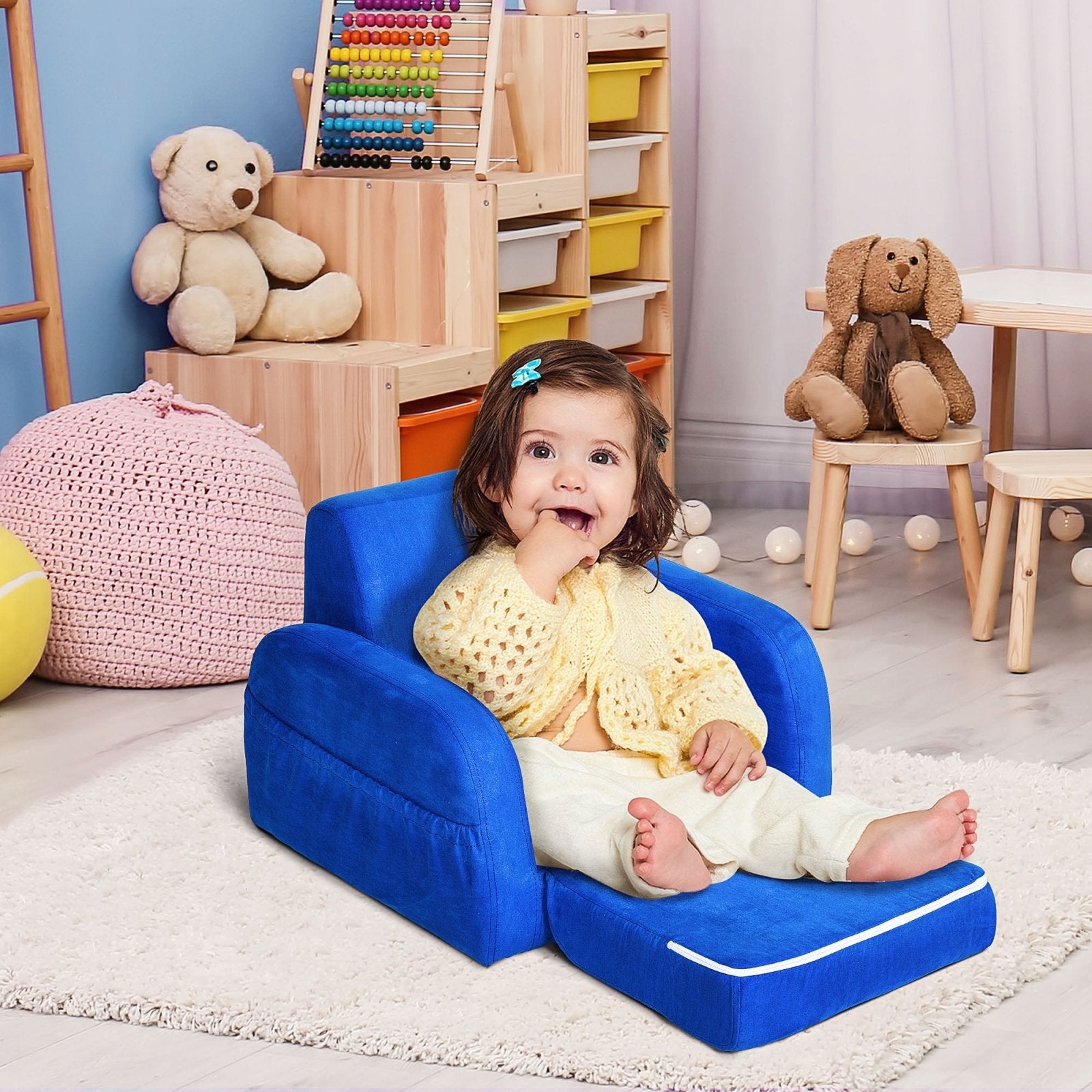 2 In 1 Kids Children Sofa Chair Bed Folding Couch Soft Flannel Foam Toddler Furniture for 3 - 4 years old Playroom Bedroom Living Room Blue - Bedzy UK modern and affordable home furniture England