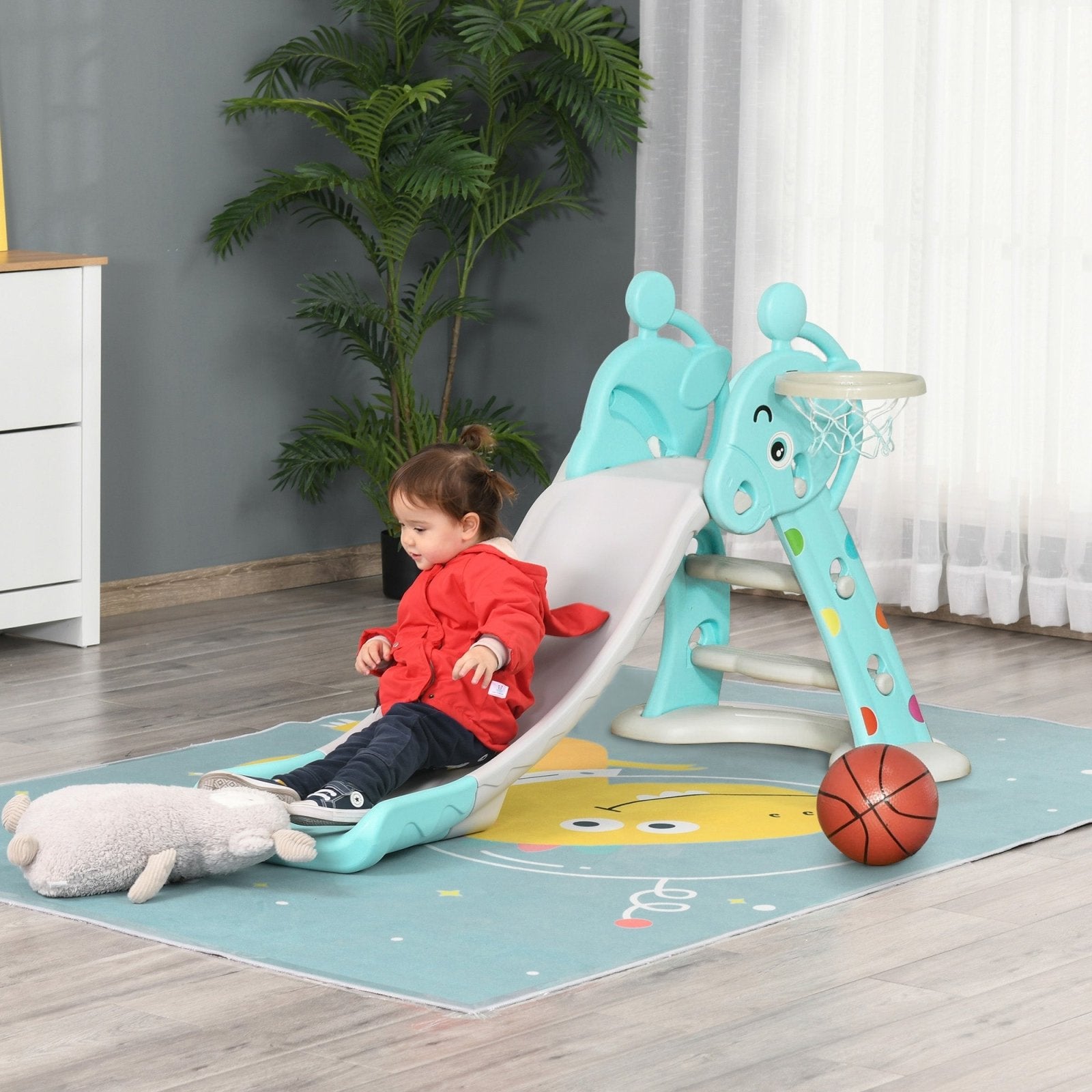 2 in 1 Kids Slide with Basketball Hoop Toddler Freestanding Slider Playset Exercise Toy 18 months - 4 Years Old Deer Shaped Blue - Bedzy UK modern and affordable home furniture England