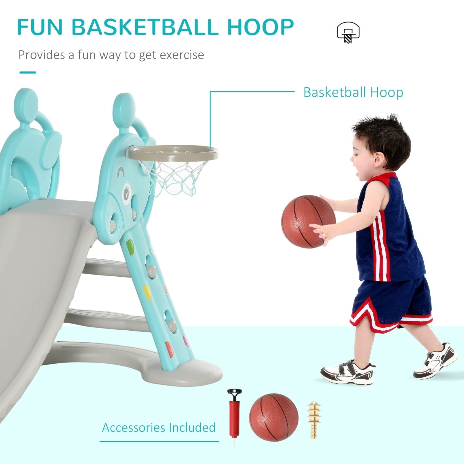 2 in 1 Kids Slide with Basketball Hoop Toddler Freestanding Slider Playset Exercise Toy 18 months - 4 Years Old Deer Shaped Blue - Bedzy UK modern and affordable home furniture England