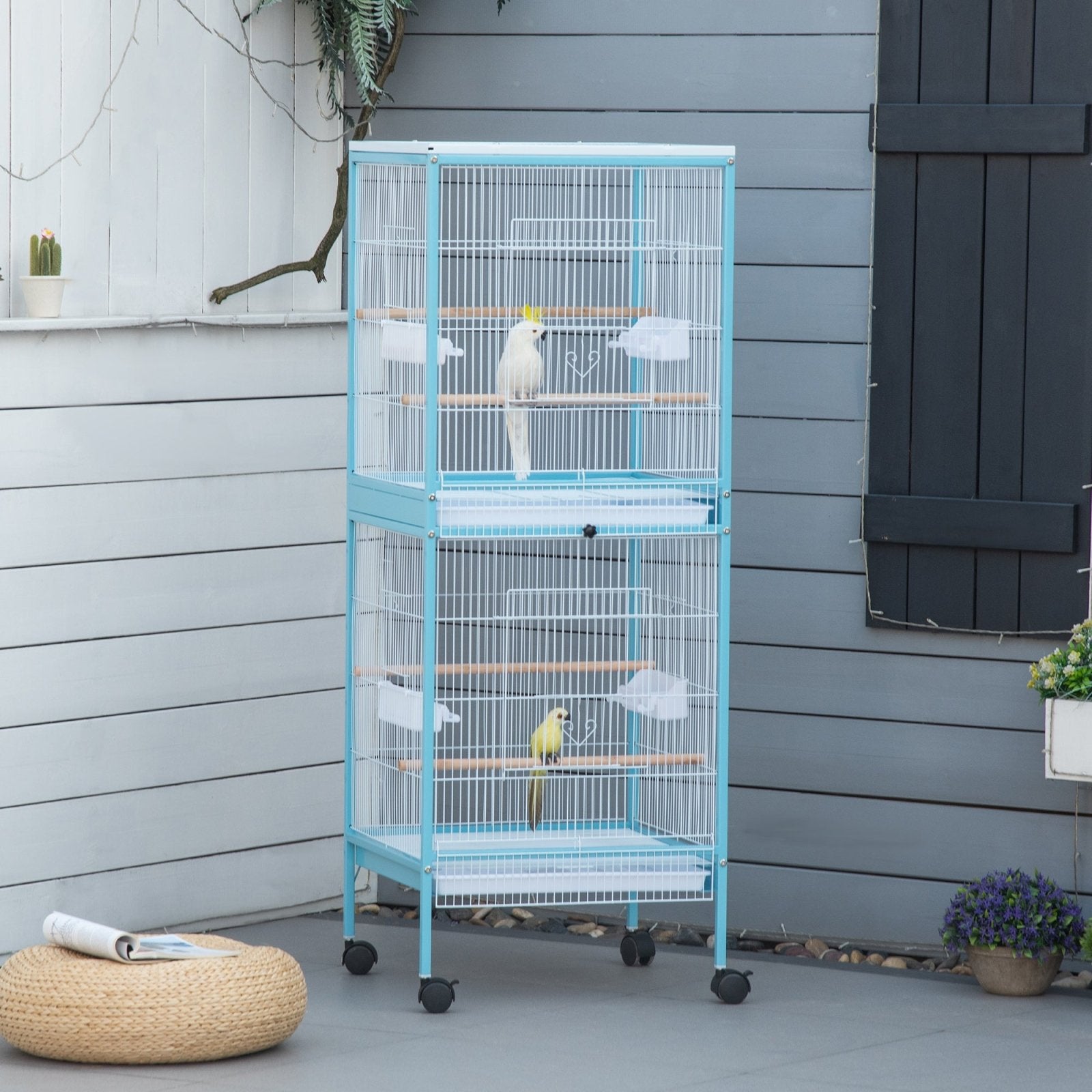 2 In 1 Large Bird Cage Aviary for Finch Canaries, Budgies with Wheels, Slide - out Trays, Wood Perch, Food Containers, Light Blue - Bedzy UK modern and affordable home furniture England