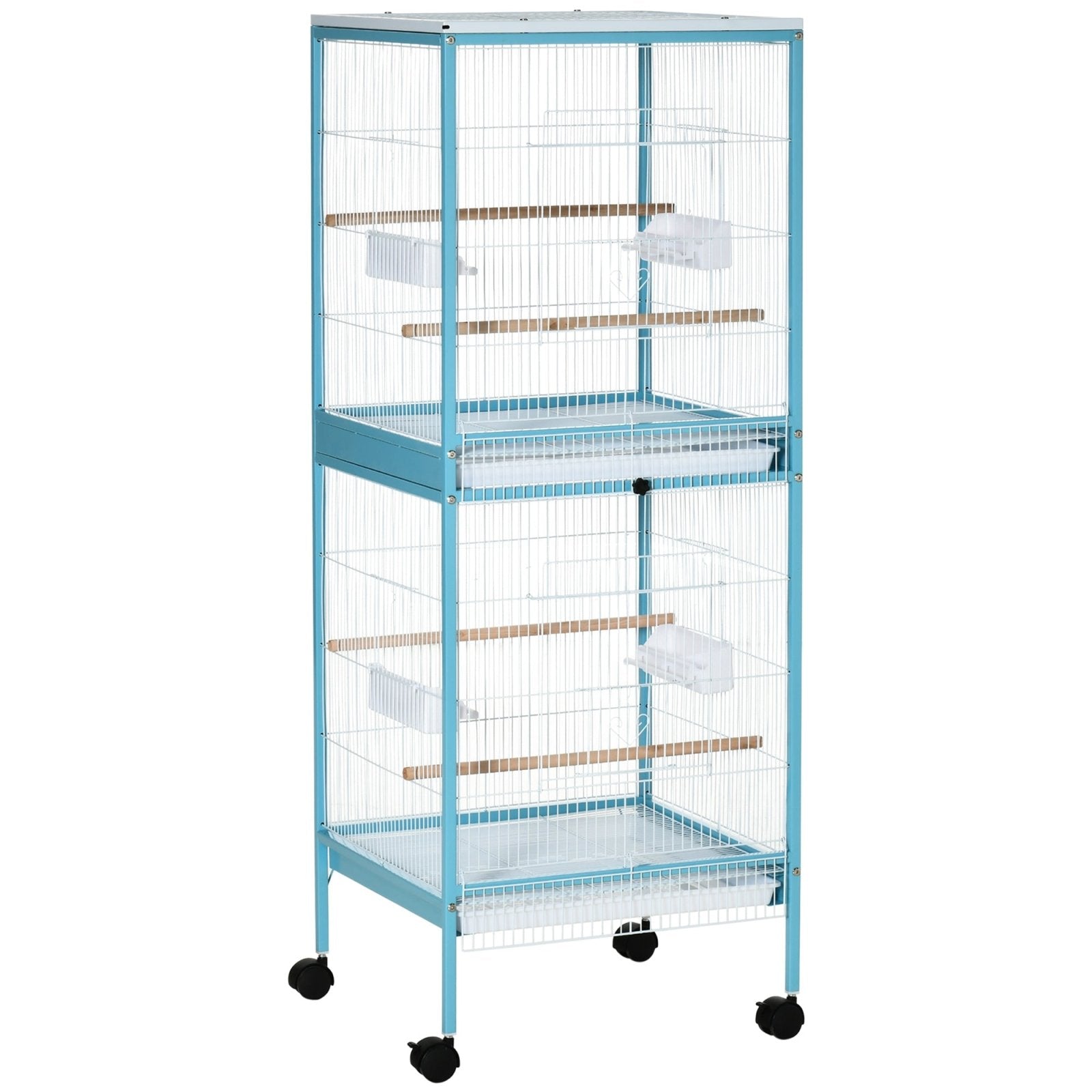 2 In 1 Large Bird Cage Aviary for Finch Canaries, Budgies with Wheels, Slide - out Trays, Wood Perch, Food Containers, Light Blue - Bedzy UK modern and affordable home furniture England