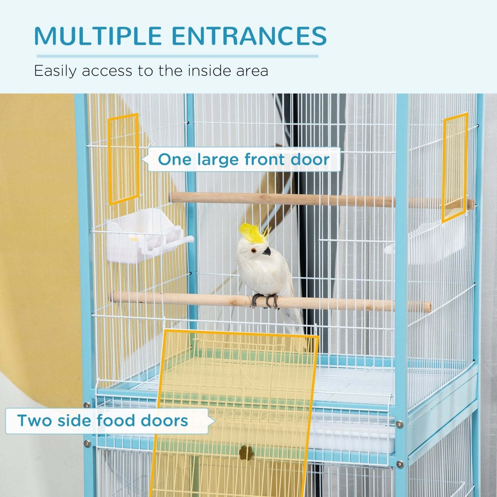 2 In 1 Large Bird Cage Aviary for Finch Canaries, Budgies with Wheels, Slide - out Trays, Wood Perch, Food Containers, Light Blue - Bedzy UK modern and affordable home furniture England