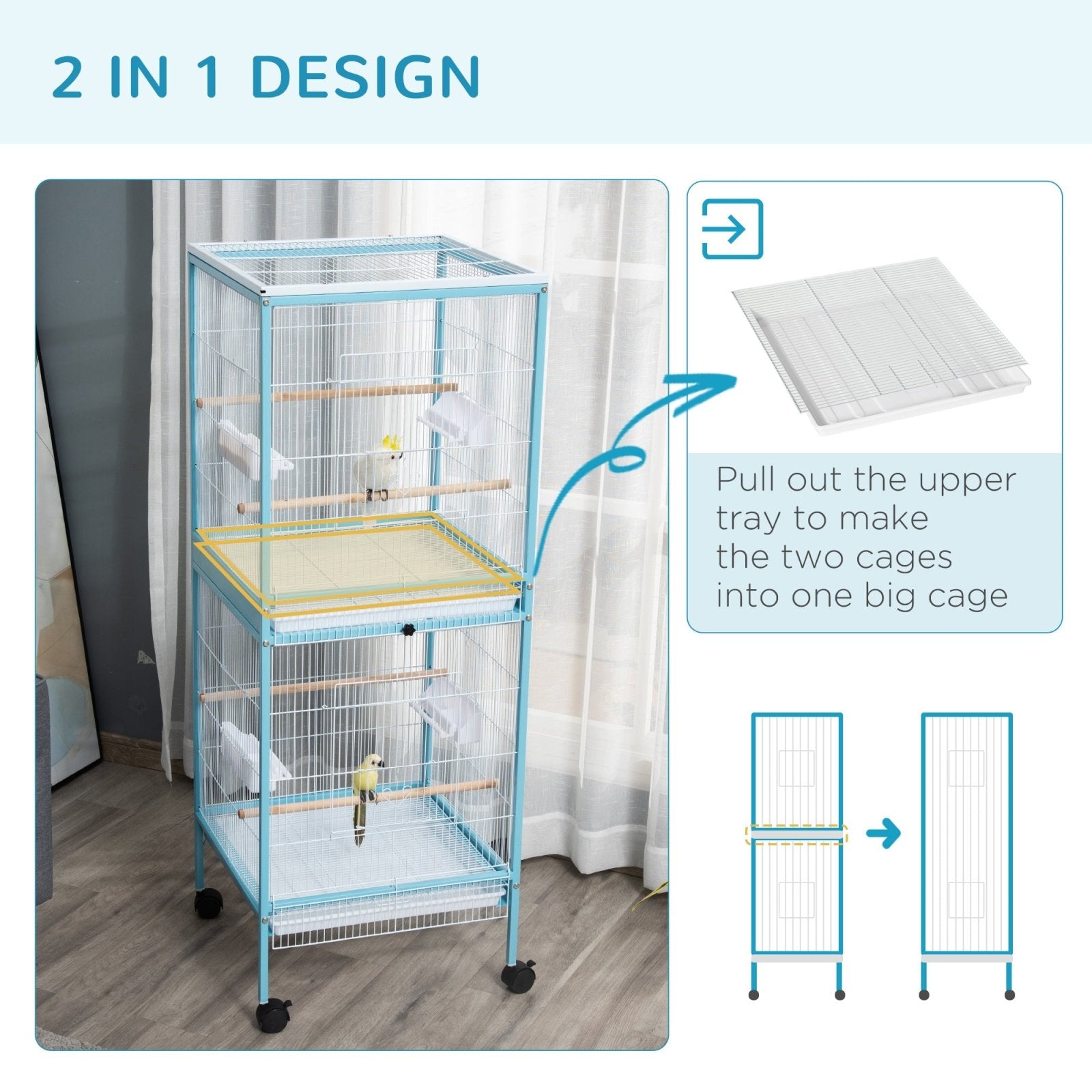 2 In 1 Large Bird Cage Aviary for Finch Canaries, Budgies with Wheels, Slide - out Trays, Wood Perch, Food Containers, Light Blue - Bedzy UK modern and affordable home furniture England