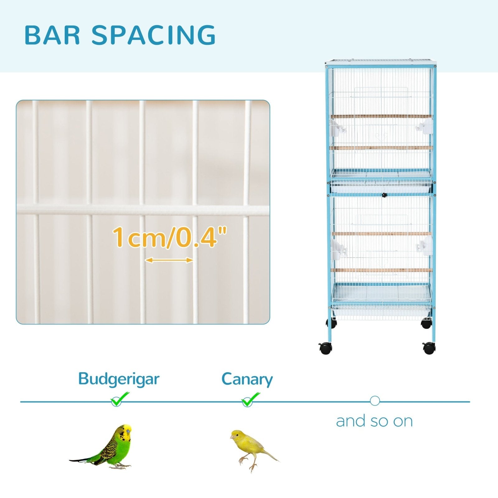 2 In 1 Large Bird Cage Aviary for Finch Canaries, Budgies with Wheels, Slide - out Trays, Wood Perch, Food Containers, Light Blue - Bedzy UK modern and affordable home furniture England