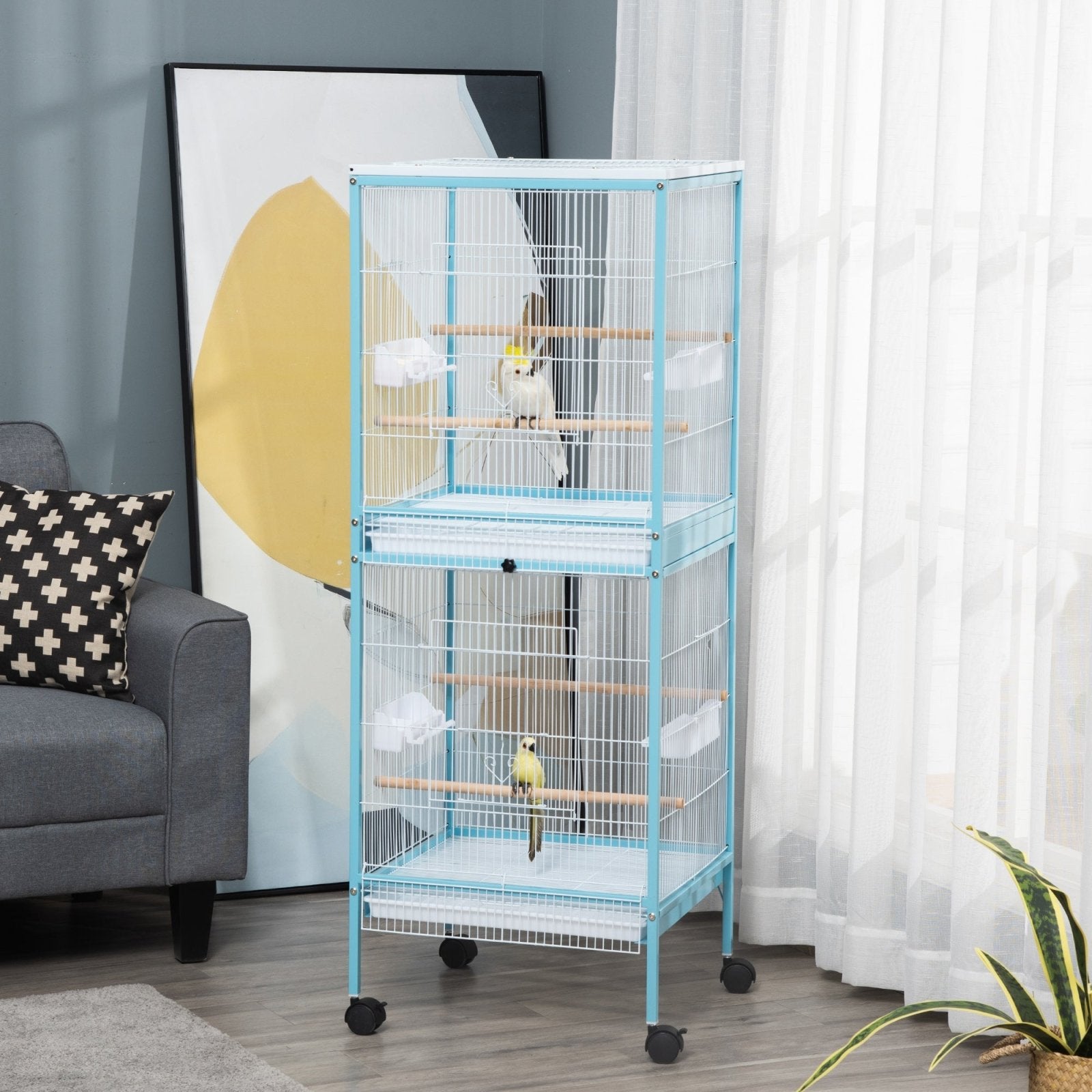 2 In 1 Large Bird Cage Aviary for Finch Canaries, Budgies with Wheels, Slide - out Trays, Wood Perch, Food Containers, Light Blue - Bedzy UK modern and affordable home furniture England