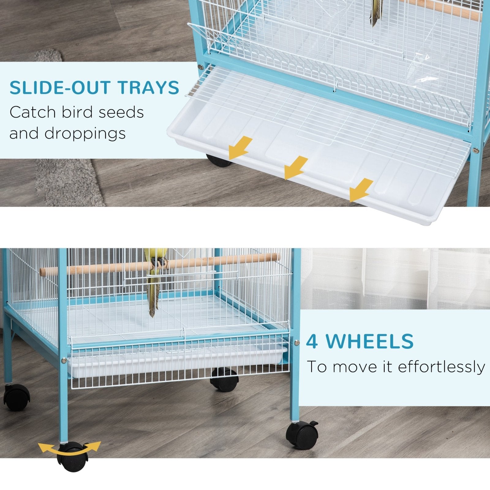 2 In 1 Large Bird Cage Aviary for Finch Canaries, Budgies with Wheels, Slide - out Trays, Wood Perch, Food Containers, Light Blue - Bedzy UK modern and affordable home furniture England