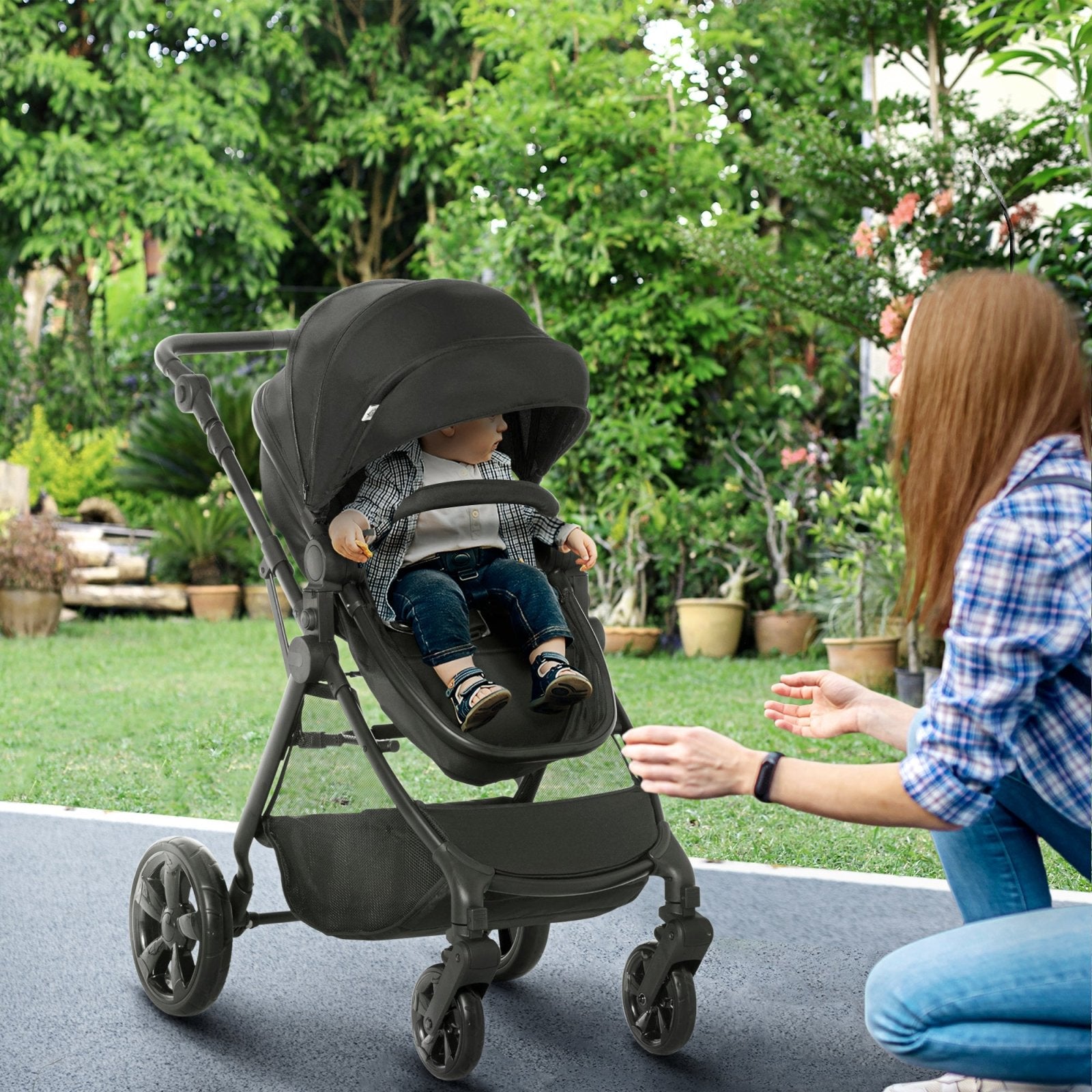 2 in 1 Lightweight Pushchair w/ Reversible Seat, Foldable Travel Baby Stroller w/ Fully Reclining From Birth to 3 Years, 5 - point Harness Black - Bedzy UK modern and affordable home furniture England