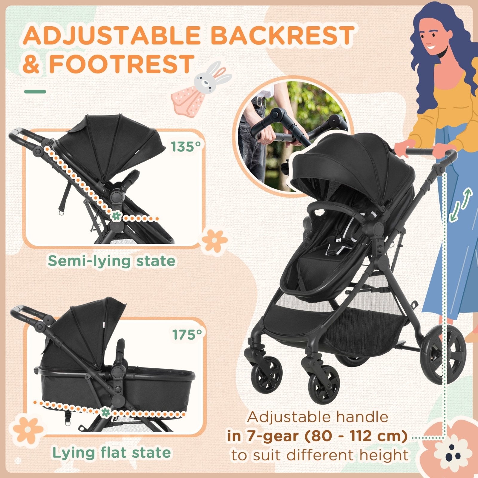 2 in 1 Lightweight Pushchair w/ Reversible Seat, Foldable Travel Baby Stroller w/ Fully Reclining From Birth to 3 Years, 5 - point Harness Black - Bedzy UK modern and affordable home furniture England