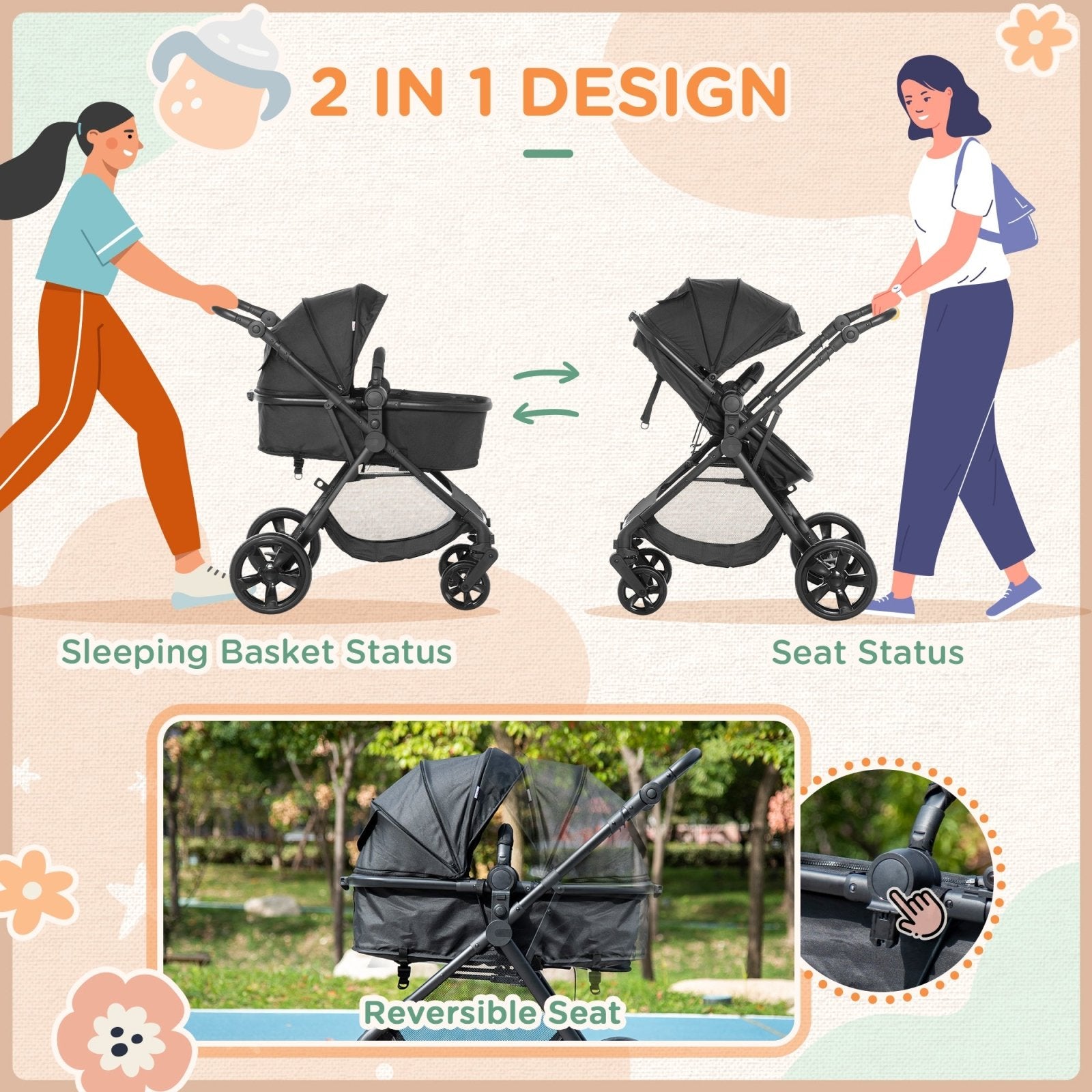 2 in 1 Lightweight Pushchair w/ Reversible Seat, Foldable Travel Baby Stroller w/ Fully Reclining From Birth to 3 Years, 5 - point Harness Black - Bedzy UK modern and affordable home furniture England