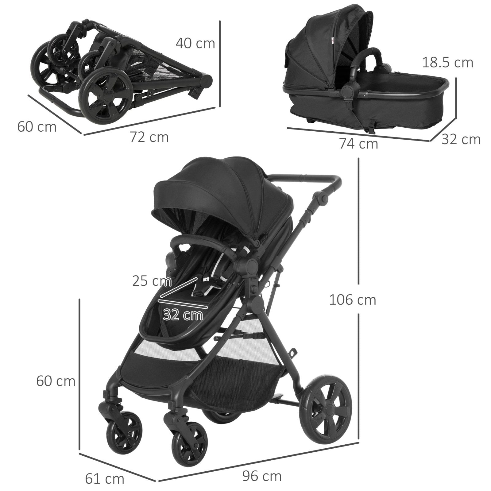 2 in 1 Lightweight Pushchair w/ Reversible Seat, Foldable Travel Baby Stroller w/ Fully Reclining From Birth to 3 Years, 5 - point Harness Black - Bedzy UK modern and affordable home furniture England