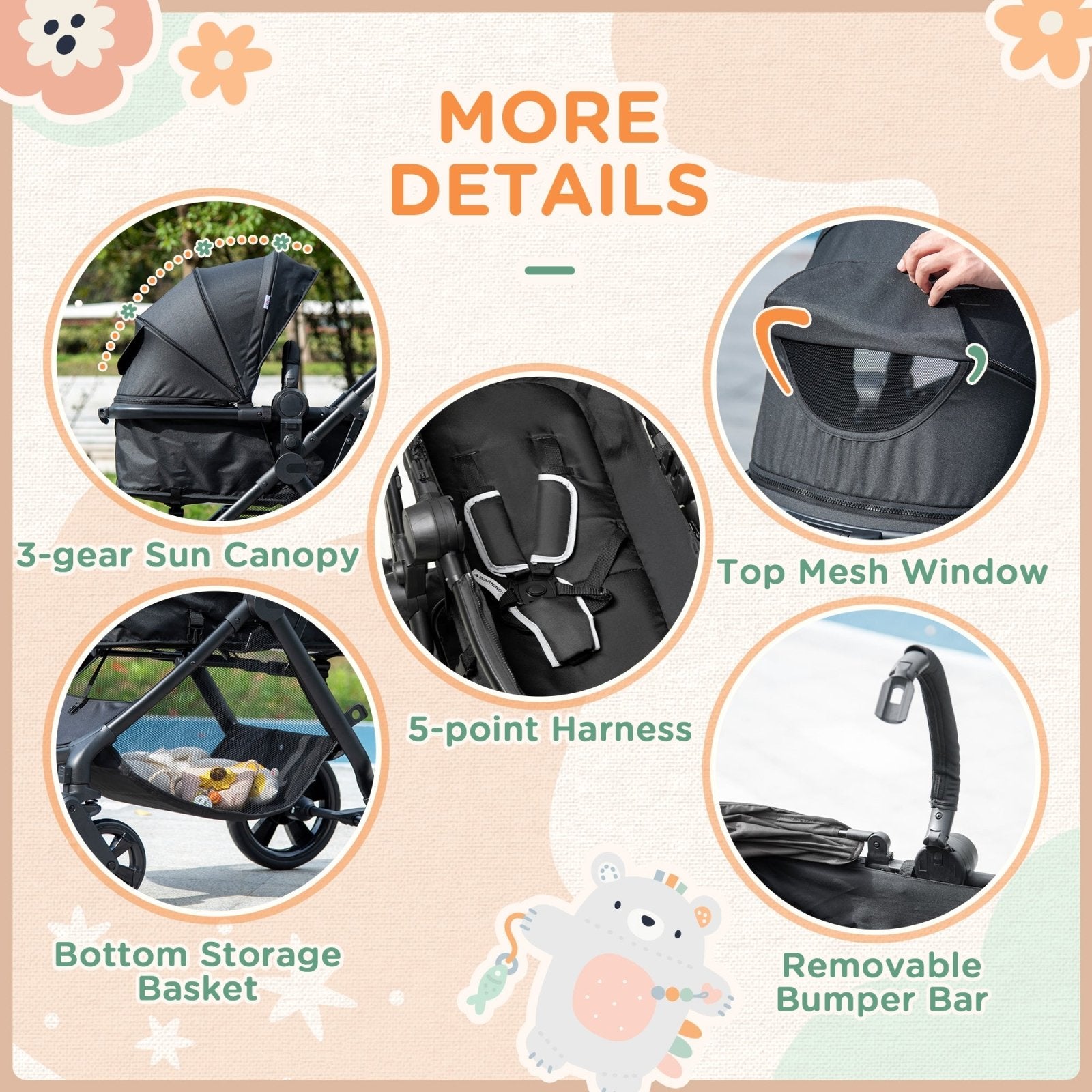 2 in 1 Lightweight Pushchair w/ Reversible Seat, Foldable Travel Baby Stroller w/ Fully Reclining From Birth to 3 Years, 5 - point Harness Black - Bedzy UK modern and affordable home furniture England