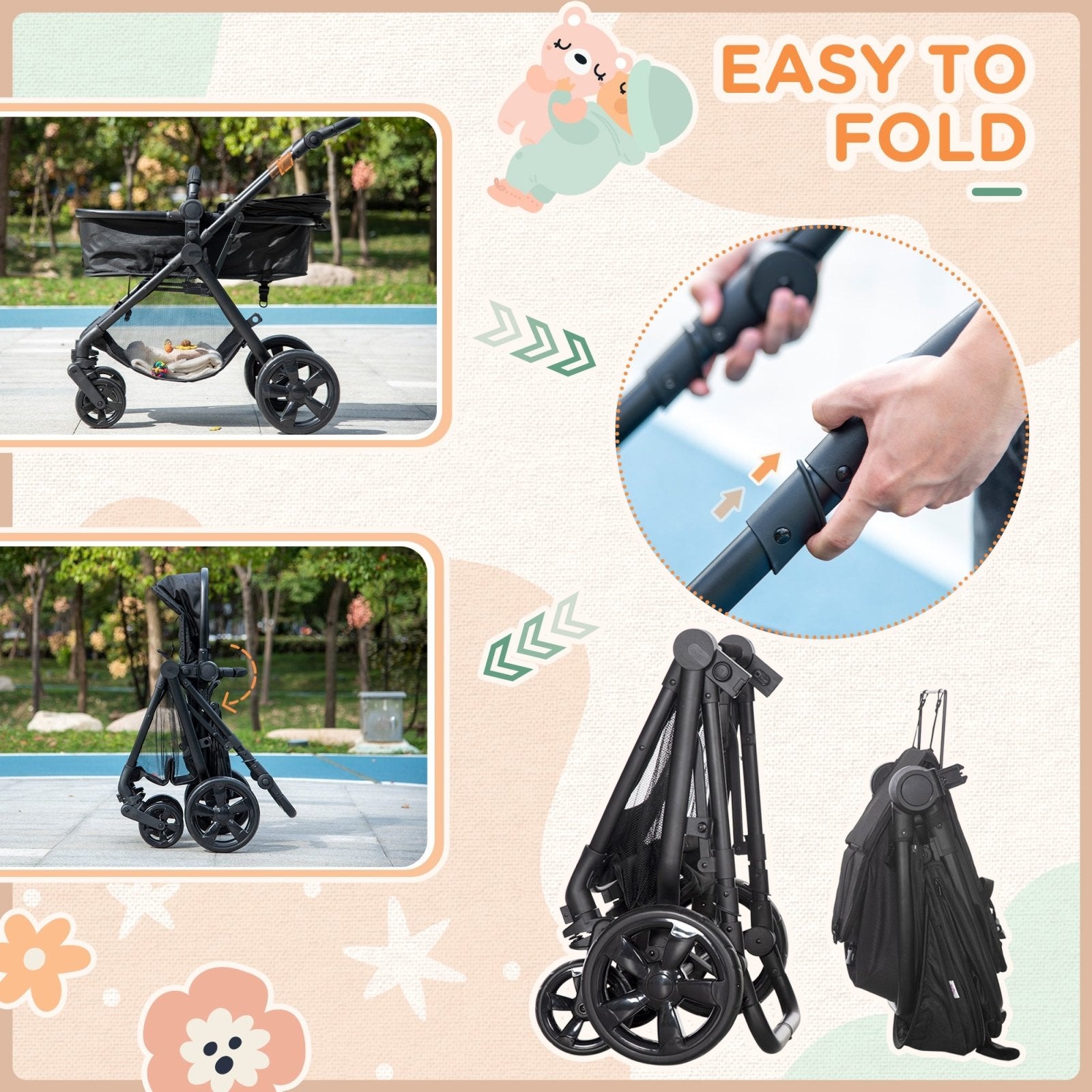 2 in 1 Lightweight Pushchair w/ Reversible Seat, Foldable Travel Baby Stroller w/ Fully Reclining From Birth to 3 Years, 5 - point Harness Black - Bedzy UK modern and affordable home furniture England