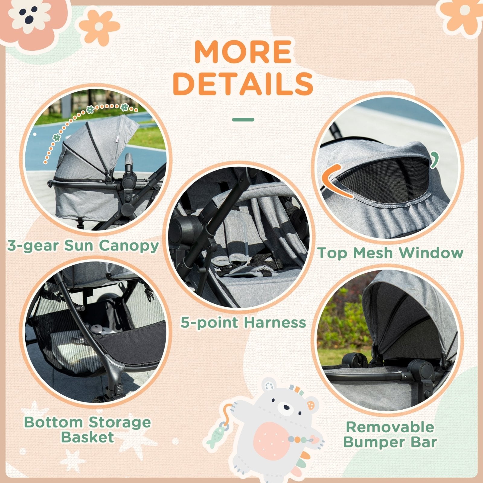 2 in 1 Lightweight Pushchair w/ Reversible Seat, Foldable Travel Baby Stroller w/ Fully Reclining From Birth to 3 Years, 5 - point Harness Grey - Bedzy UK modern and affordable home furniture England