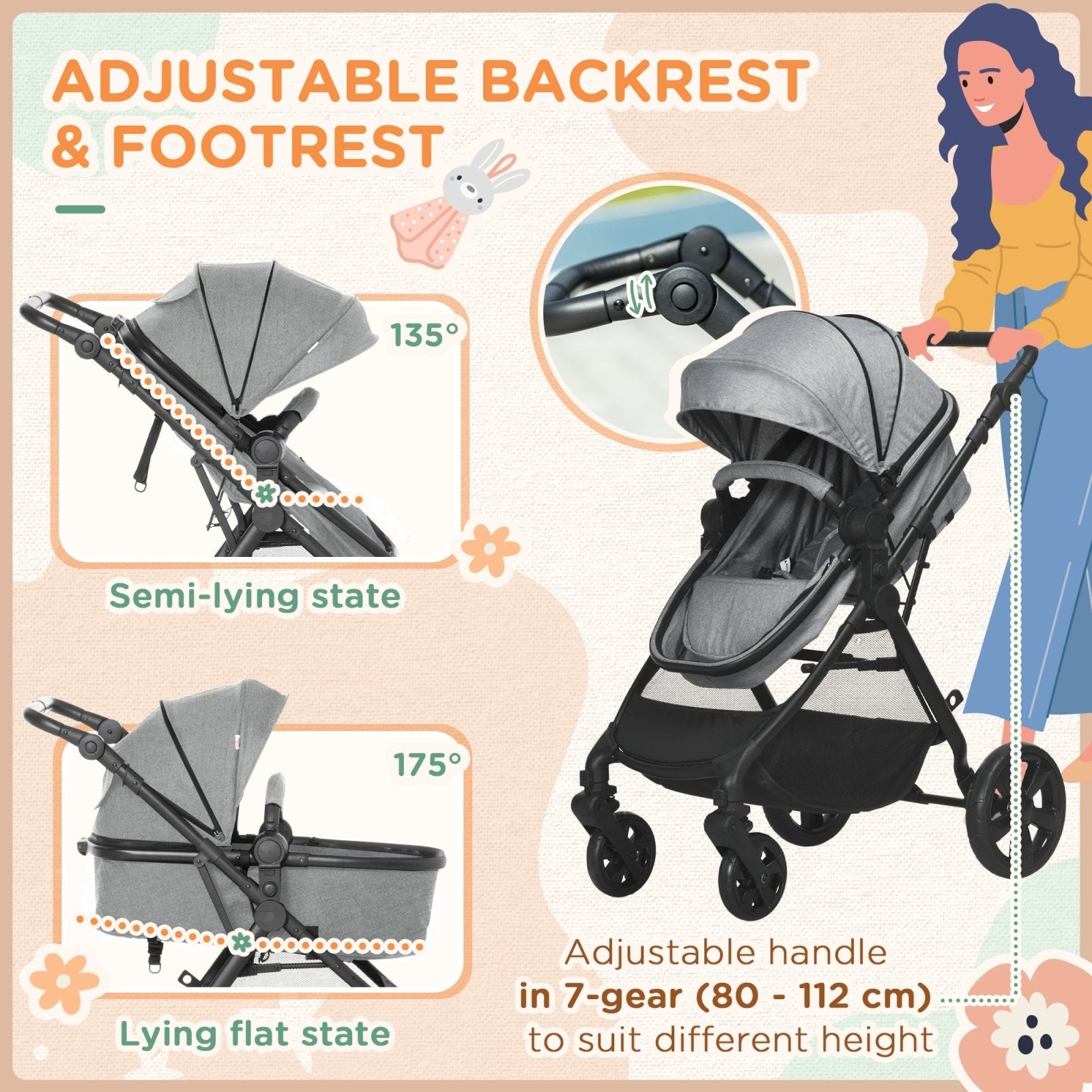 2 in 1 Lightweight Pushchair w/ Reversible Seat, Foldable Travel Baby Stroller w/ Fully Reclining From Birth to 3 Years, 5 - point Harness Grey - Bedzy UK modern and affordable home furniture England