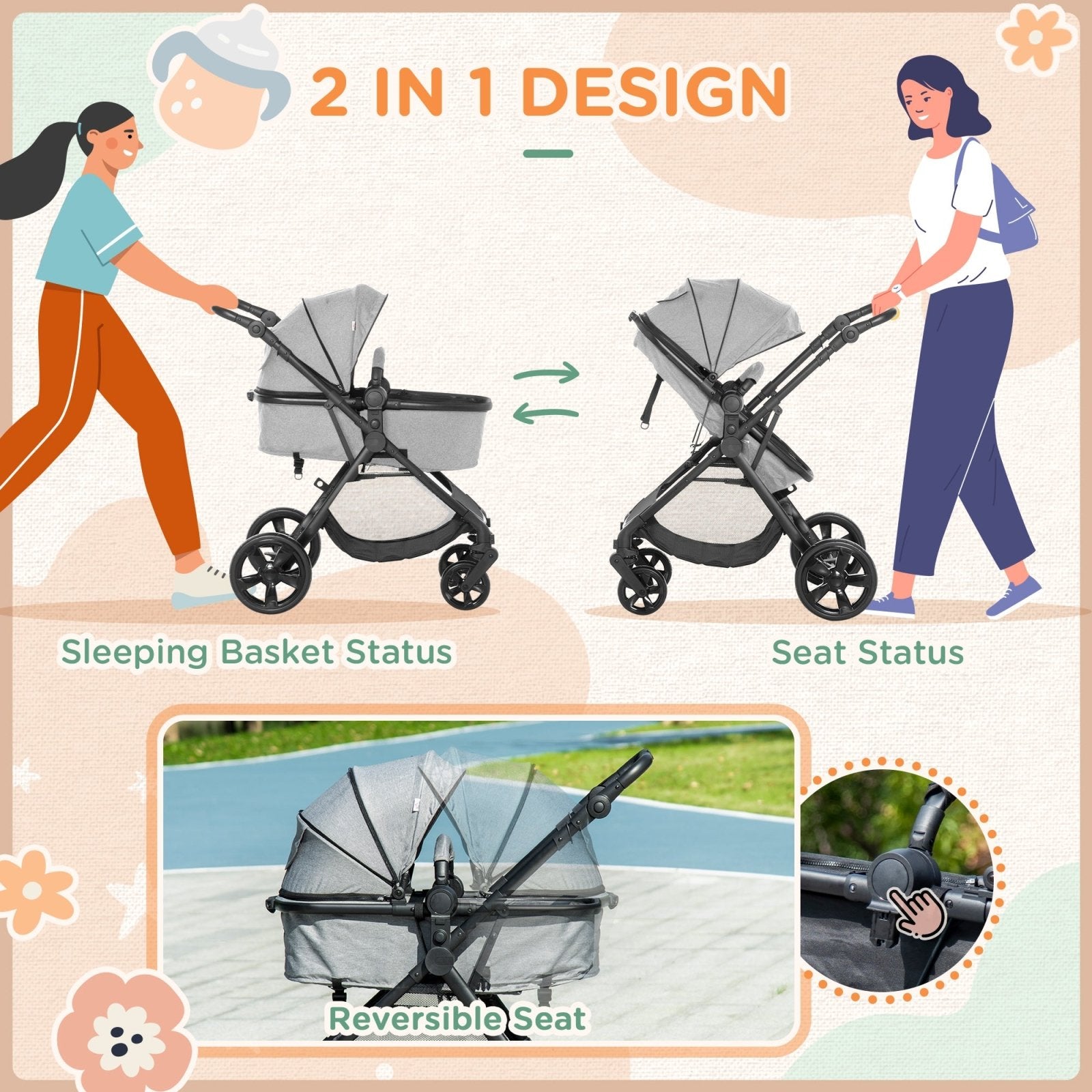 2 in 1 Lightweight Pushchair w/ Reversible Seat, Foldable Travel Baby Stroller w/ Fully Reclining From Birth to 3 Years, 5 - point Harness Grey - Bedzy UK modern and affordable home furniture England